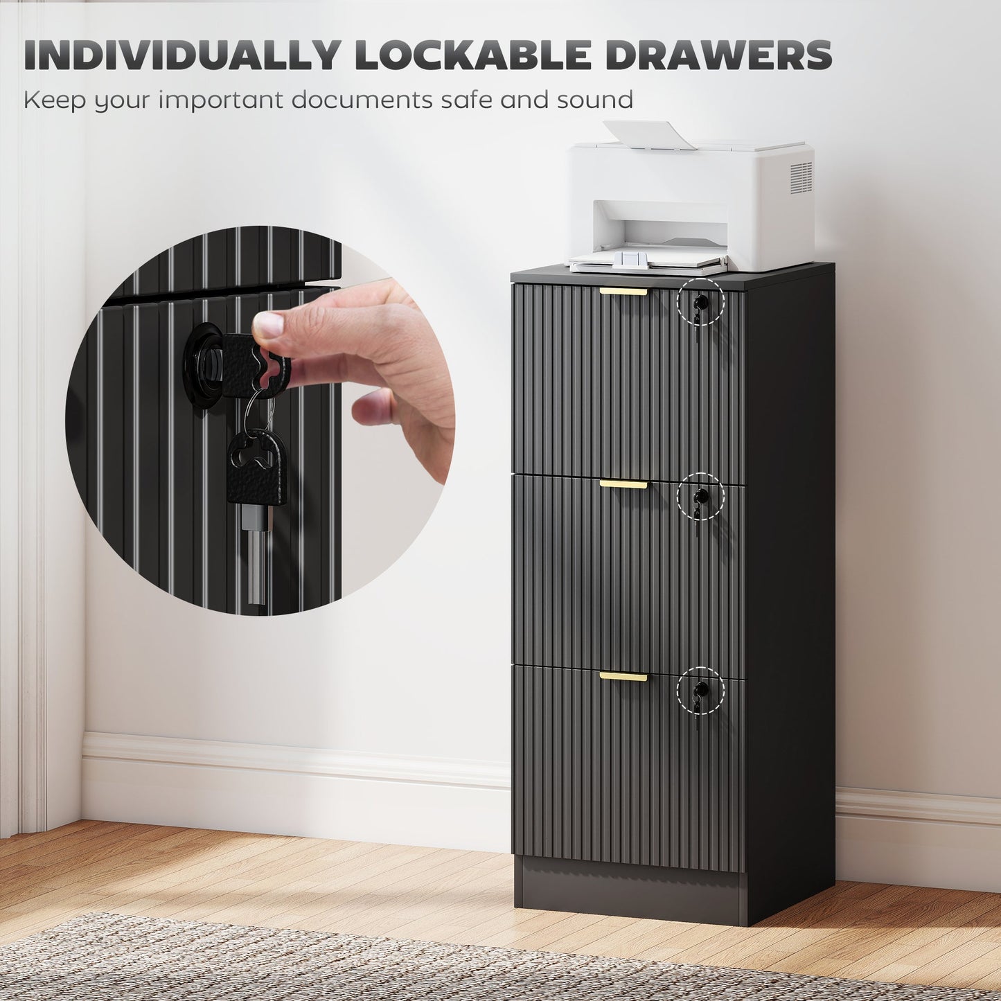 3 Drawer Filing Cabinet, Fluted Vertical File Cabinet with Lock and Adjustable Hanging Rails for A4 and Letter Size Files, Printer Stand with Storage, Black