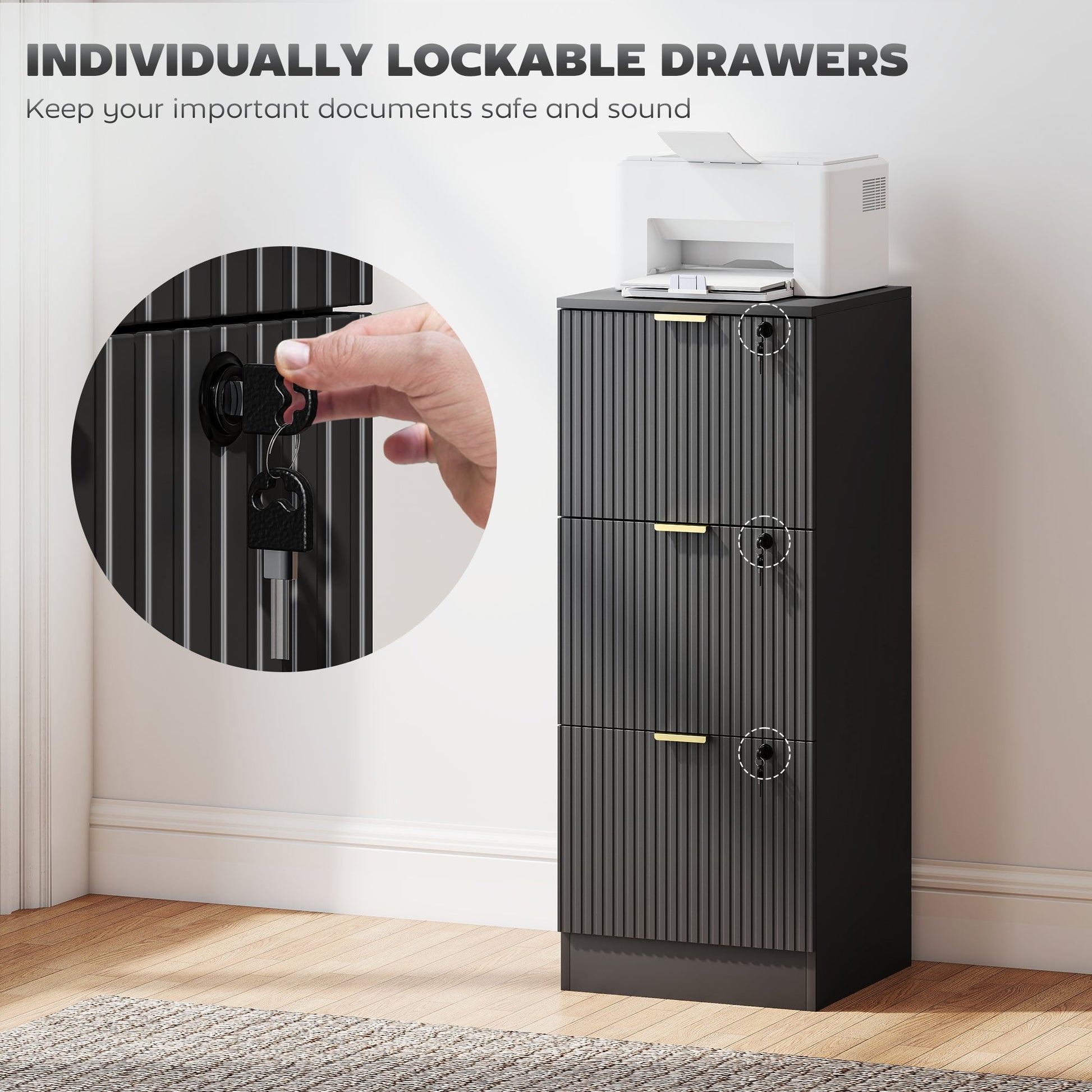 3 Drawer Filing Cabinet, Fluted Vertical File Cabinet with Lock and Adjustable Hanging Rails for A4 and Letter Size Files, Printer Stand with Storage, Black