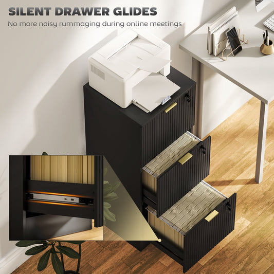 3 Drawer Filing Cabinet, Fluted Vertical File Cabinet with Lock and Adjustable Hanging Rails for A4 and Letter Size Files, Printer Stand with Storage, Black
