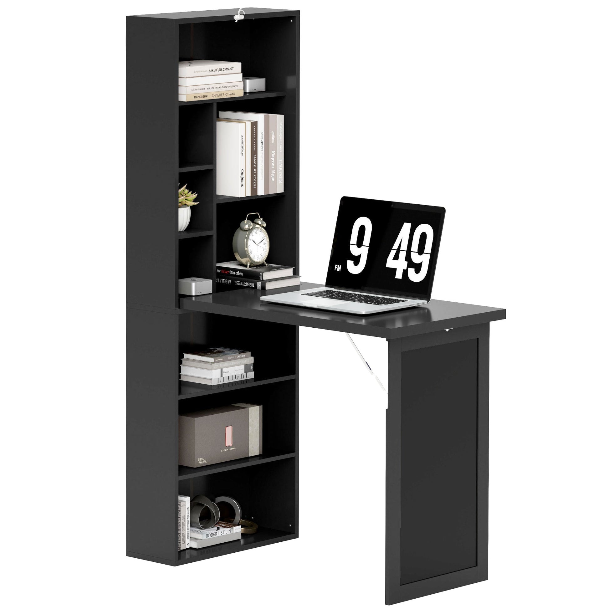 HOMCOM Wall Mounted Computer Desk, Folding Study Table with Black Board and Bookshelf, Multifunctional Floating Writing Desk for Home Office, Black
