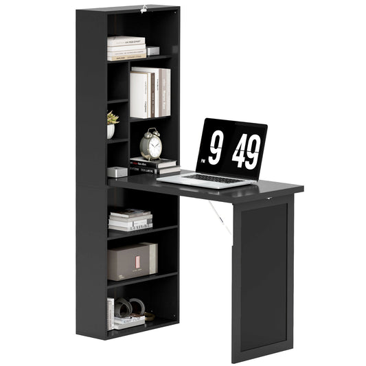 HOMCOM Wall Mounted Computer Desk, Folding Study Table with Black Board and Bookshelf, Multifunctional Floating Writing Desk for Home Office, Black