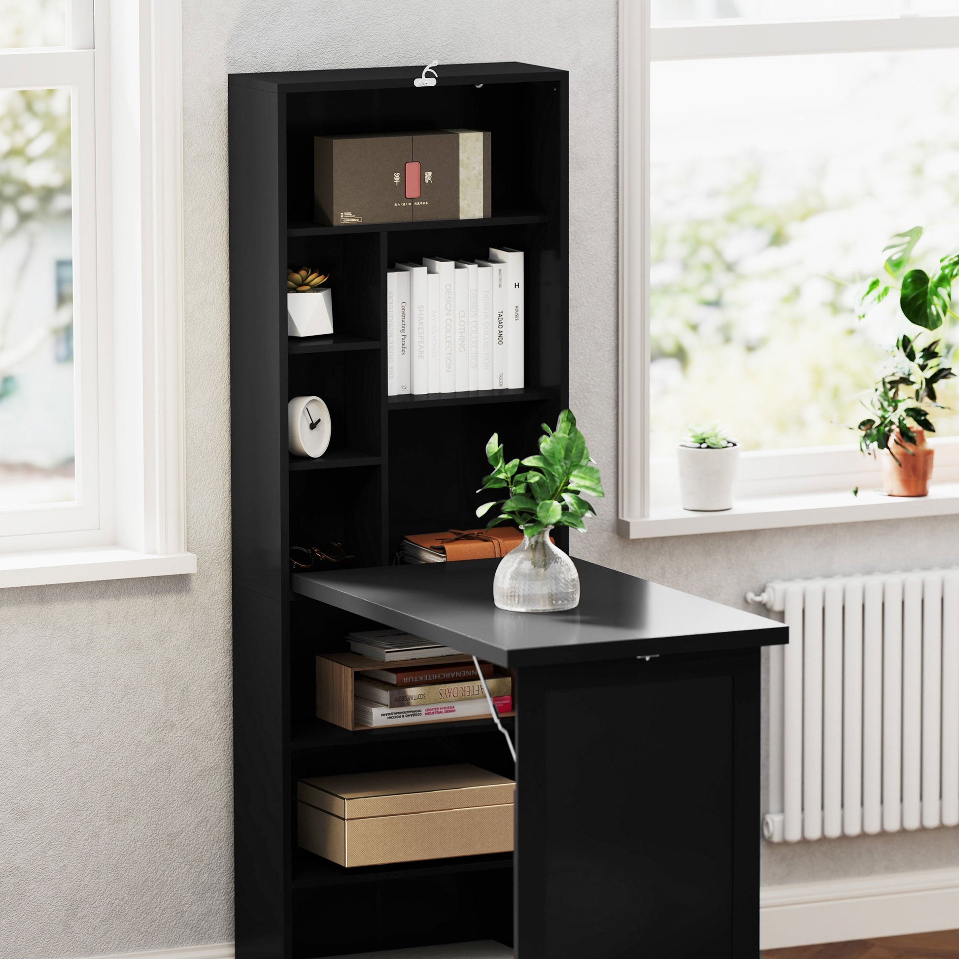 HOMCOM Wall Mounted Computer Desk, Folding Study Table with Black Board and Bookshelf, Multifunctional Floating Writing Desk for Home Office, Black