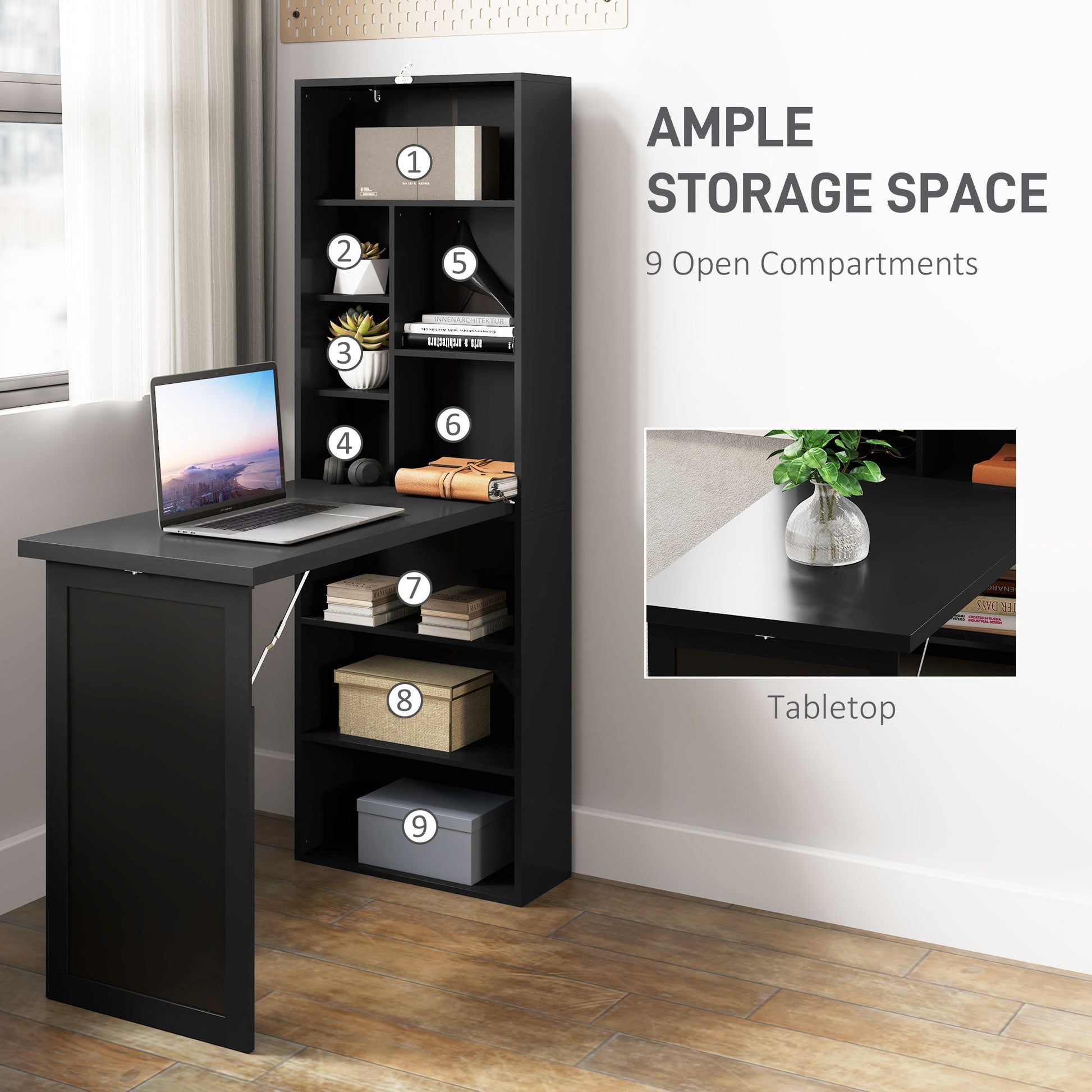 HOMCOM Wall Mounted Computer Desk, Folding Study Table with Black Board and Bookshelf, Multifunctional Floating Writing Desk for Home Office, Black