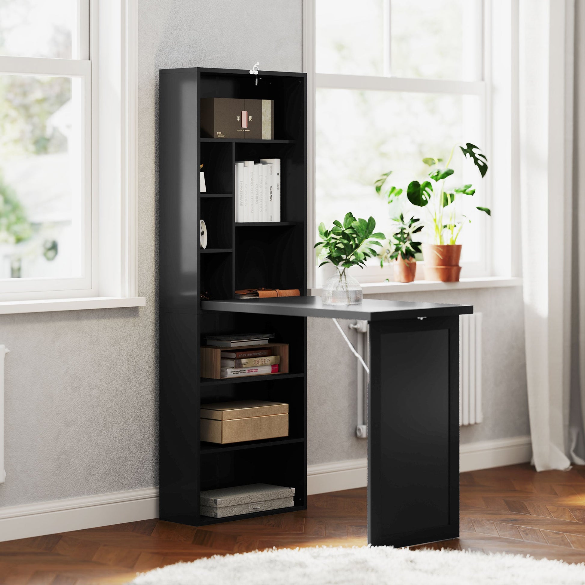 HOMCOM Wall Mounted Computer Desk, Folding Study Table with Black Board and Bookshelf, Multifunctional Floating Writing Desk for Home Office, Black