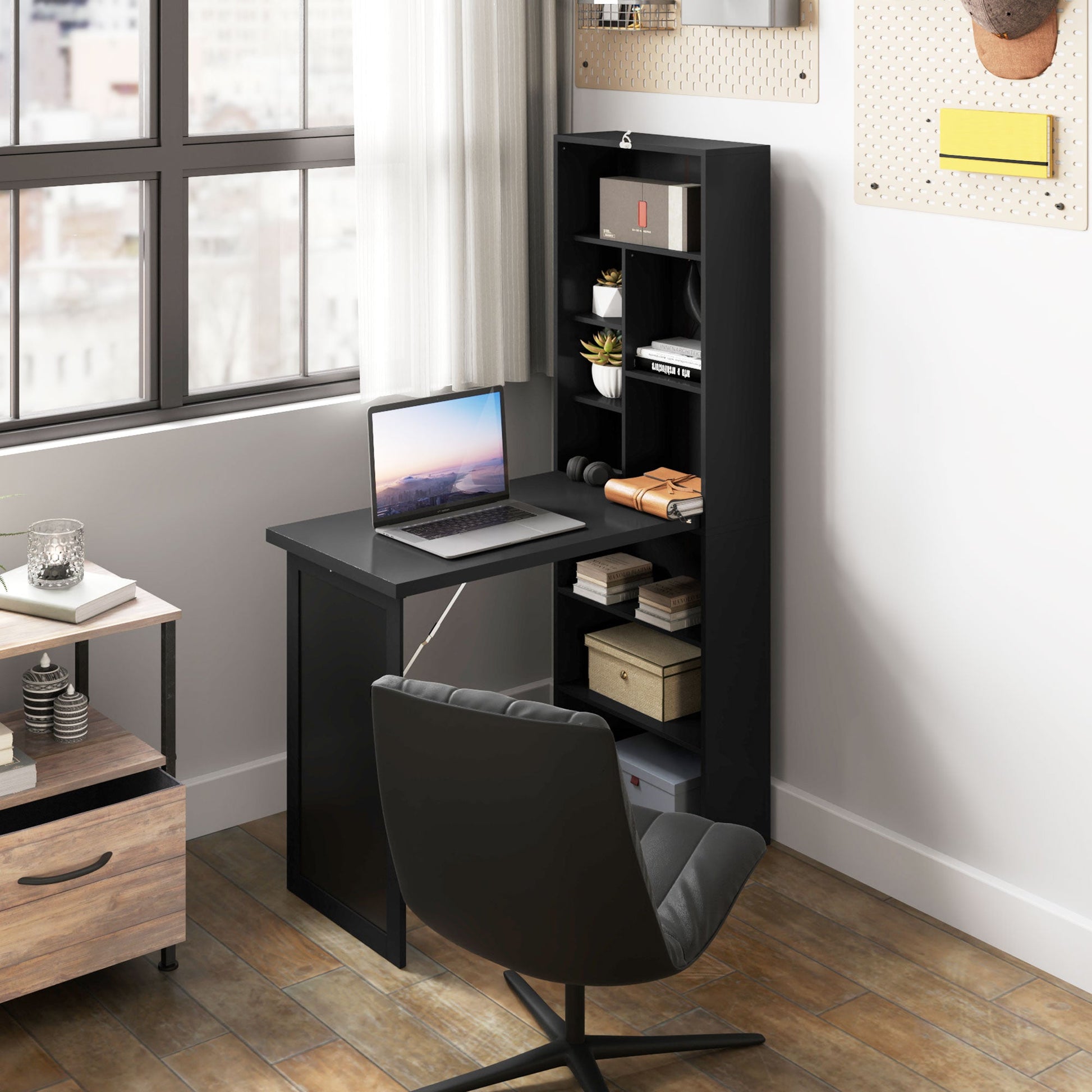 HOMCOM Wall Mounted Computer Desk, Folding Study Table with Black Board and Bookshelf, Multifunctional Floating Writing Desk for Home Office, Black