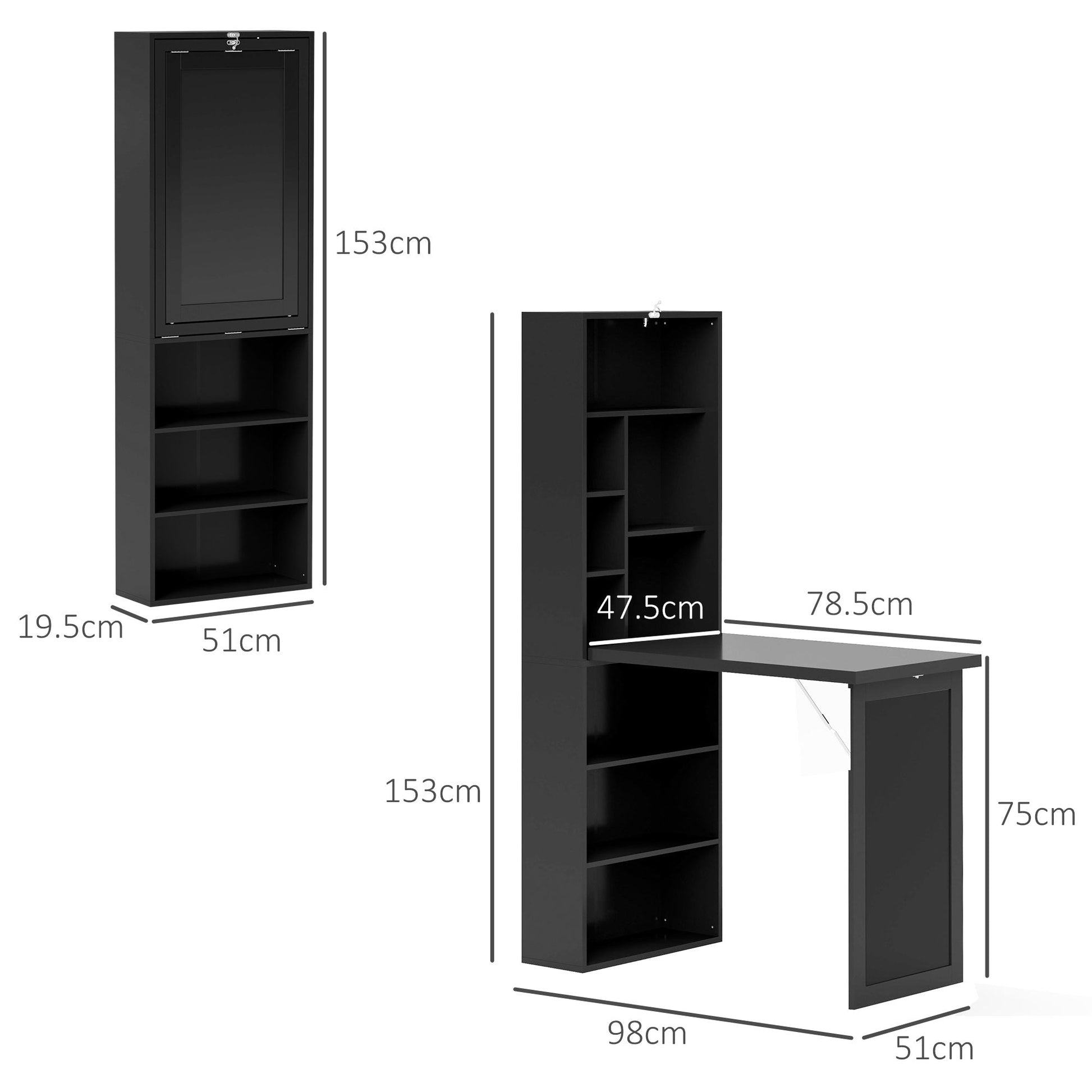 HOMCOM Wall Mounted Computer Desk, Folding Study Table with Black Board and Bookshelf, Multifunctional Floating Writing Desk for Home Office, Black