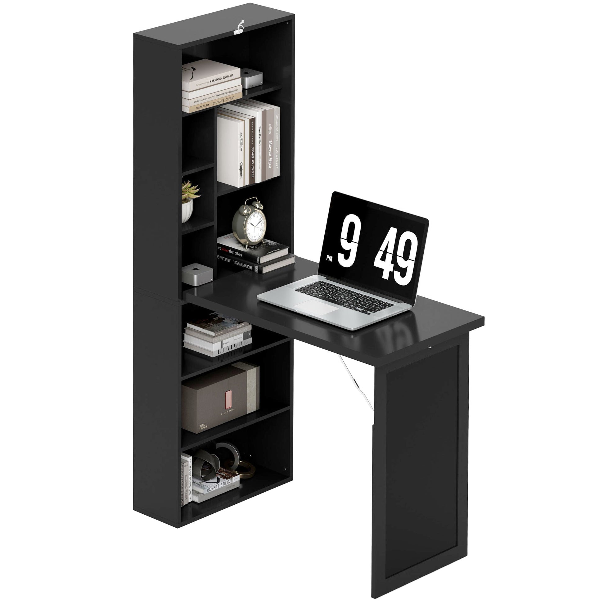 HOMCOM Wall Mounted Computer Desk, Folding Study Table with Black Board and Bookshelf, Multifunctional Floating Writing Desk for Home Office, Black