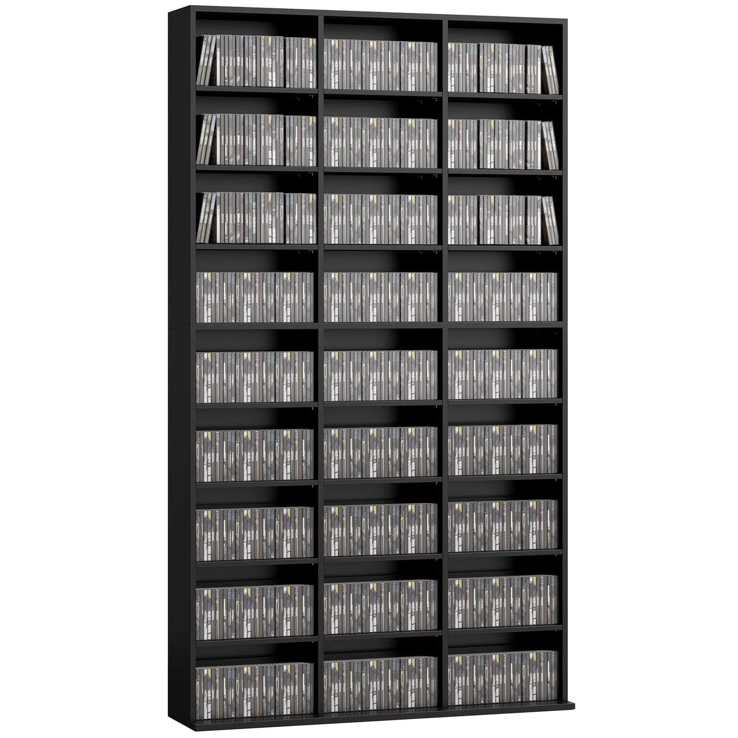 835 CD/500 DVD Storage Unit, Blu-ray Media Storage Shelf with 27 Compartments and 21 Adjustable Shelves, CD Tower for Living Room, Bedroom, Office, Black