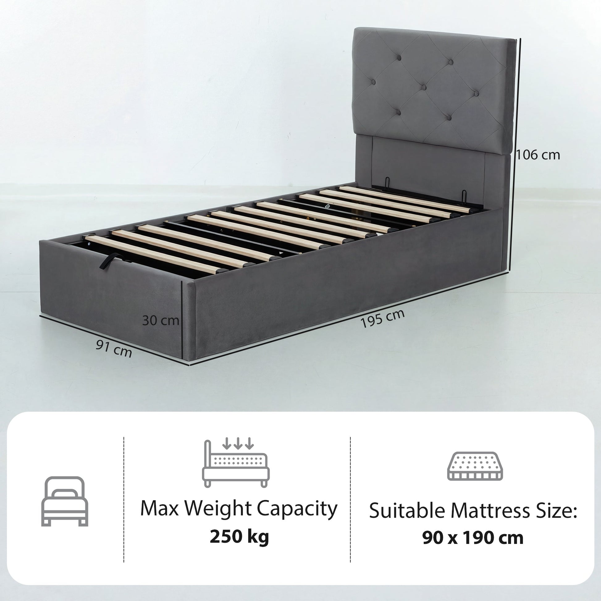 3FT Single Bed Frame for 90 x 190 cm Mattress, Upholstered Platform Bed Frame with Tufted Headboard, Gas Lift Up Storage, Mattress Foundation, Dark Grey