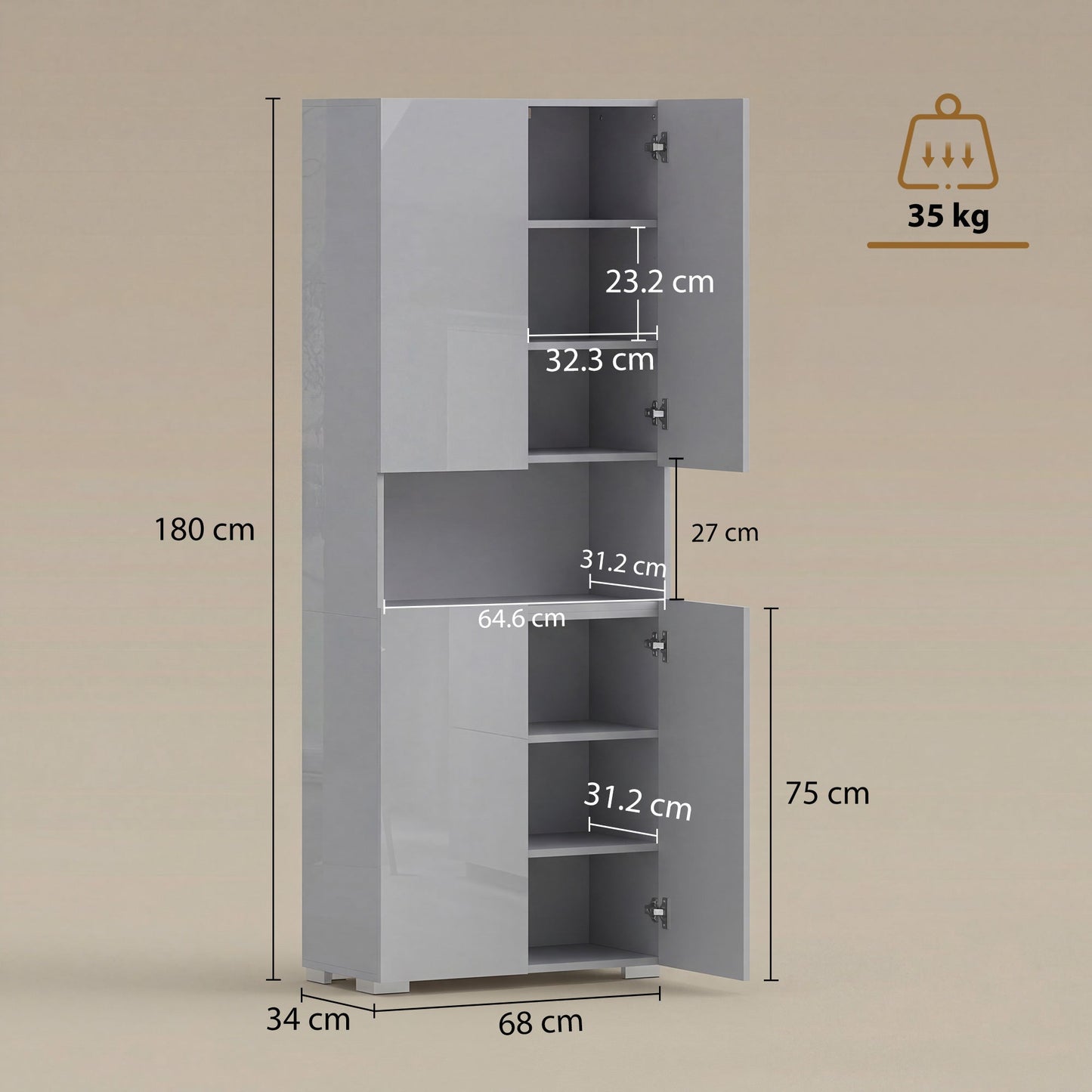 180 cm Tall Kitchen Cupboard, Pantry Storage Cabinet with Soft Close Doors and Adjustable Shelves, Freestanding Kitchen Cabinet for Dining Room, High Gloss Grey