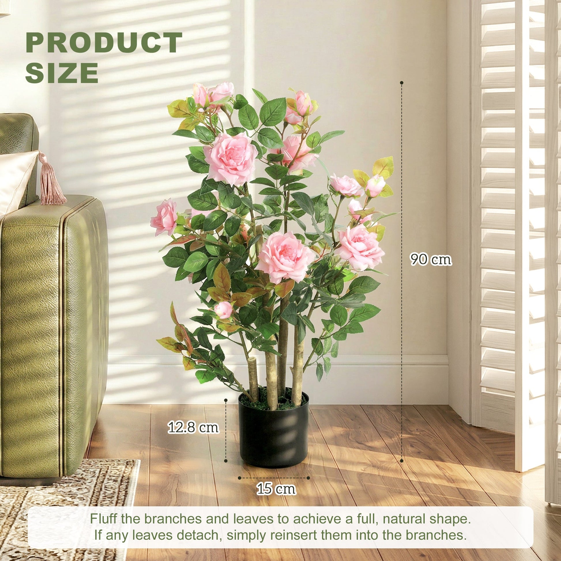 90cm Artificial Rose Tree Set of 2, Decorative Fake Plant with 344 Silk Leaves and 17 Flowers, UV-Resistant Faux Tree for Outdoor Indoor Garden Porch Decor, Pink