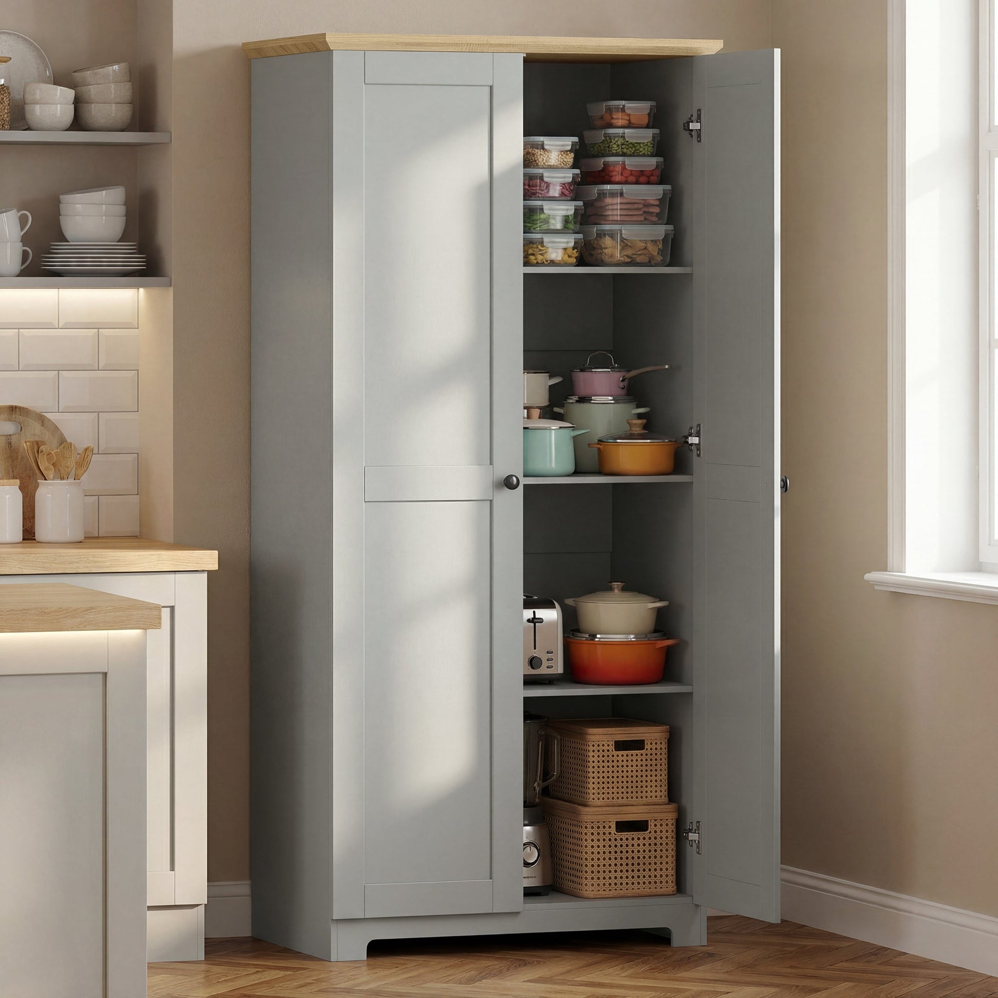 172cm Kitchen Cupboard, Freestanding Storage Cabinet with Doors and Shelves, Modern 2-Door Kitchen Pantry Cupboard for Dining Room, Grey