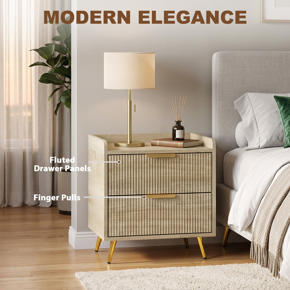 Bedside Table, Bedside Cabinet with 2 Drawers, Side End Table with Metal Legs for Bedroom Living Room, Natural Wood Finish