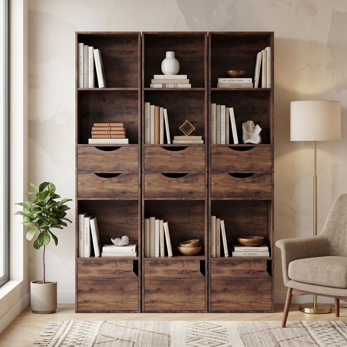 158 cm Bookcase with Drawers, 3-Tier Bookshelf, Slim Storage Cabinet with Doors, Adjustable Shelf for Living Room, Bedroom, Home Office, Rustic Brown