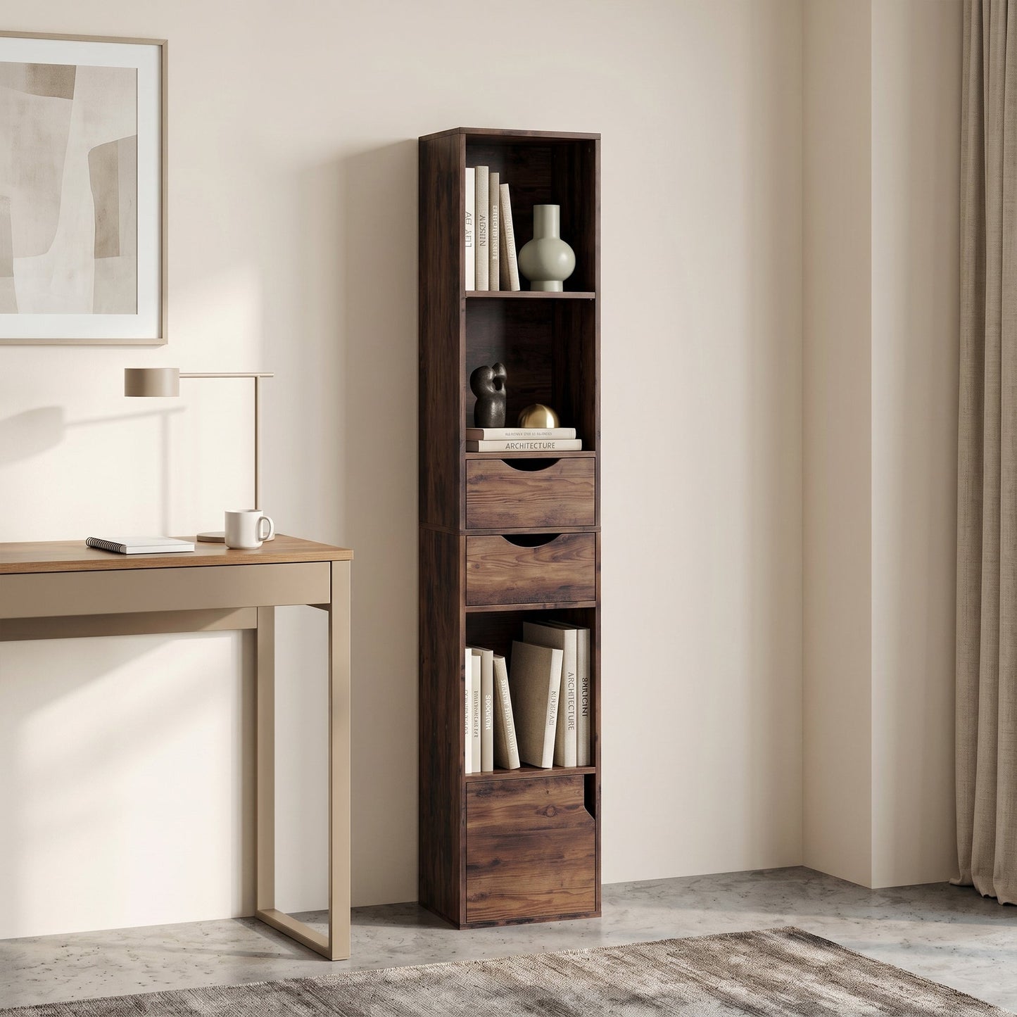 158 cm Bookcase with Drawers, 3-Tier Bookshelf, Slim Storage Cabinet with Doors, Adjustable Shelf for Living Room, Bedroom, Home Office, Rustic Brown