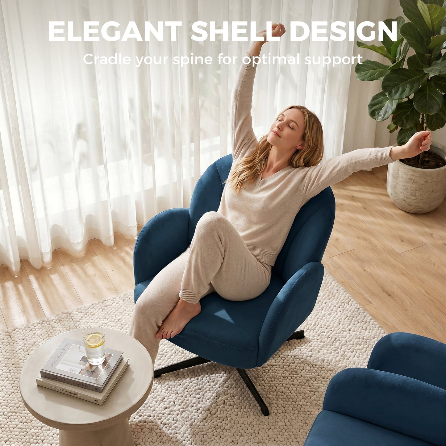 Swivel Accent Chair, Velvet-Feel Fabric Shell-Shaped Armchair with Spring Cushion, Metal Base, Modern Reading Chair for Living Room, Bedroom, Study, Makeup, Dark Blue