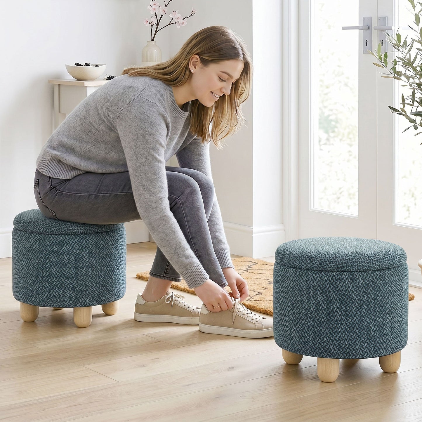 Storage Ottoman, Burlap Fabric Round Small Ottoman Foot Rest with Lid, Rubberwood Legs, End of Bed Bench Footstool for Bedroom, Hallway, Living Room, 38.5 x 38.5 cm, Dark Blue