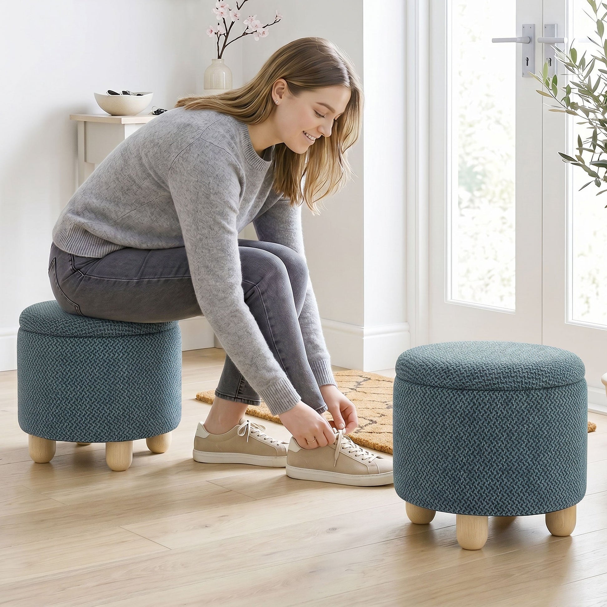Storage Ottoman, Burlap Fabric Round Small Ottoman Foot Rest with Lid, Rubberwood Legs, End of Bed Bench Footstool for Bedroom, Hallway, Living Room, 38.5 x 38.5 cm, Dark Blue