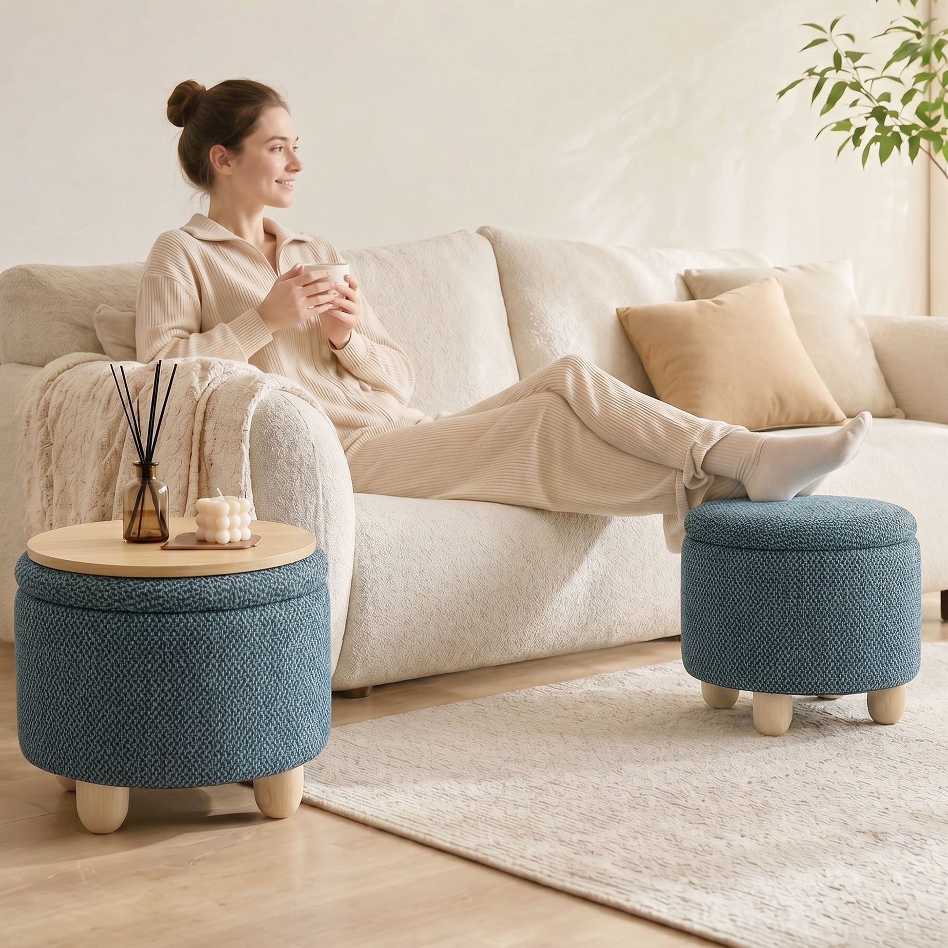 Storage Ottoman, Burlap Fabric Round Small Ottoman Foot Rest with Lid, Rubberwood Legs, End of Bed Bench Footstool for Bedroom, Hallway, Living Room, 38.5 x 38.5 cm, Dark Blue