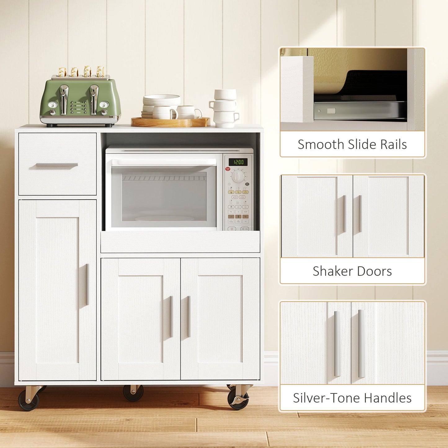 Rolling Kitchen Cart, Microwave Cabinet, Sliding Tray, Drawer, 3-Door Cupboards, Adjustable Shelf, Open Compartment, Kitchen Island, Dining Room, White