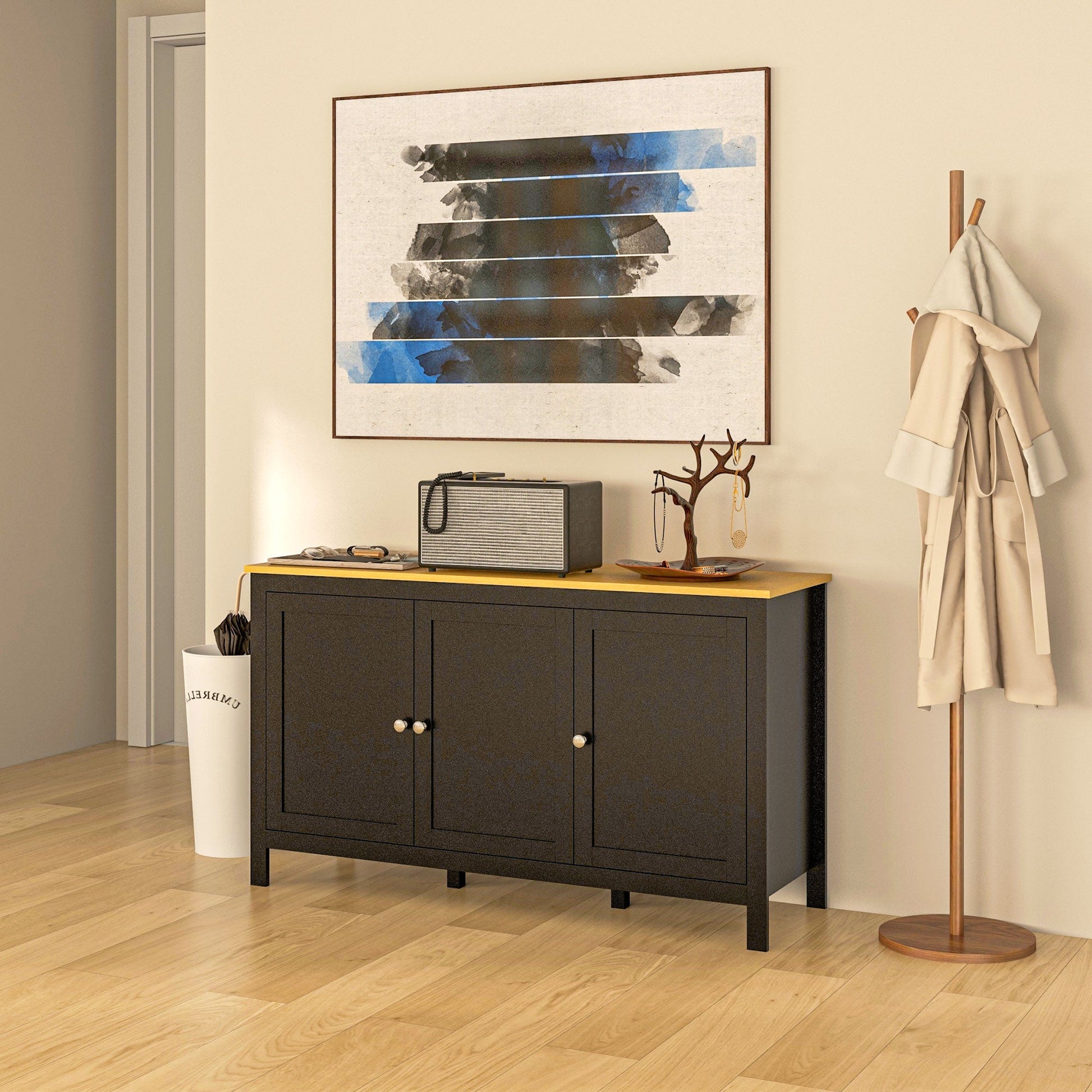 Sideboard Buffet Storage Cabinet, Modern Kitchen Cupboard with 3 Doors and 2 Adjustable Shelves for Dining Room, Living Room, Black