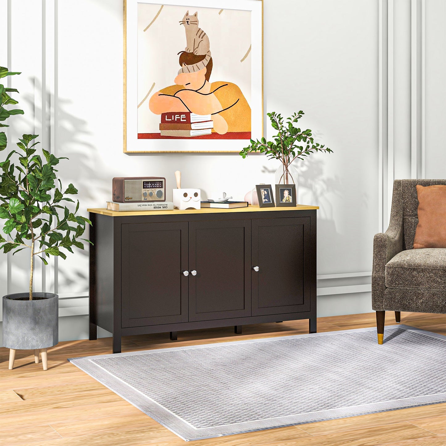 Sideboard Buffet Storage Cabinet, Modern Kitchen Cupboard with 3 Doors and 2 Adjustable Shelves for Dining Room, Living Room, Black