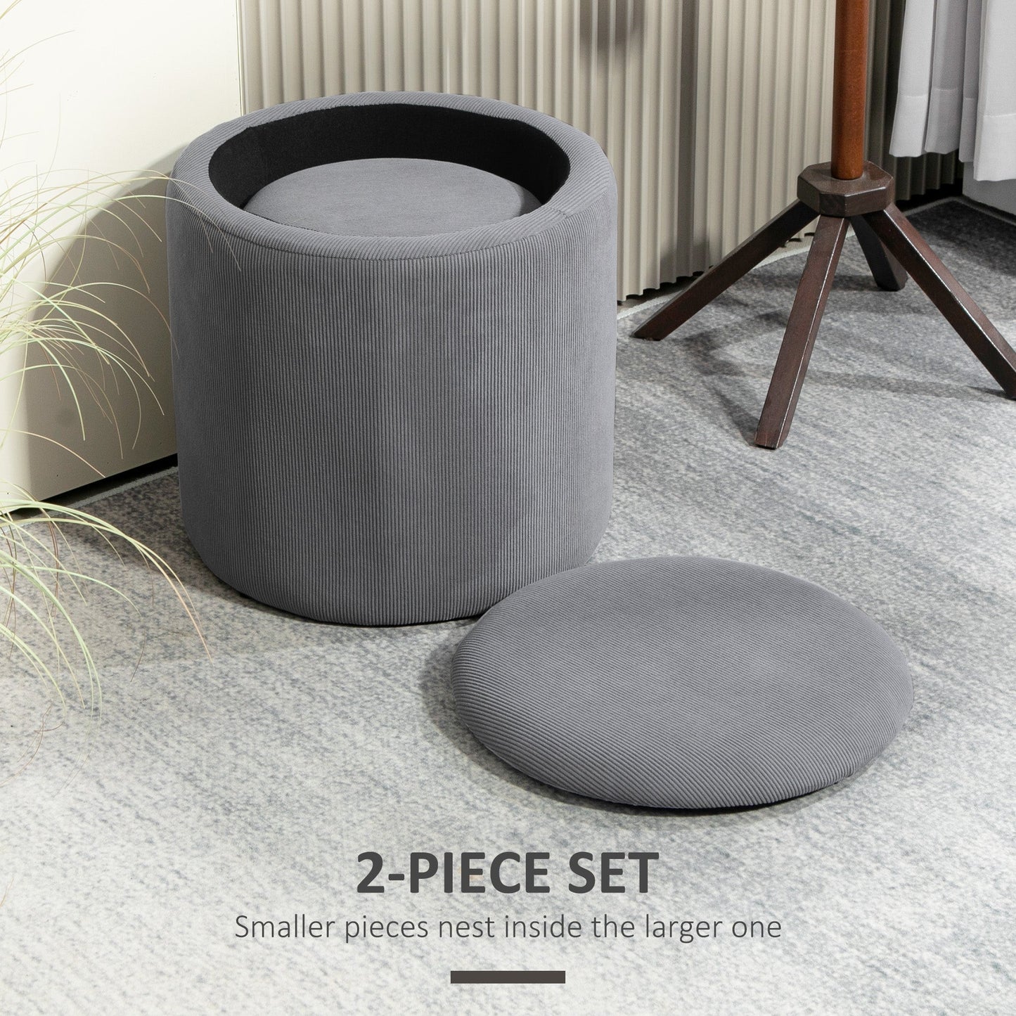 HOMCOM Modern Storage Ottoman with Removable Lid, Fabric Storage Stool, Foot Stool, Dressing Table Stool, Set of 2, Light Grey