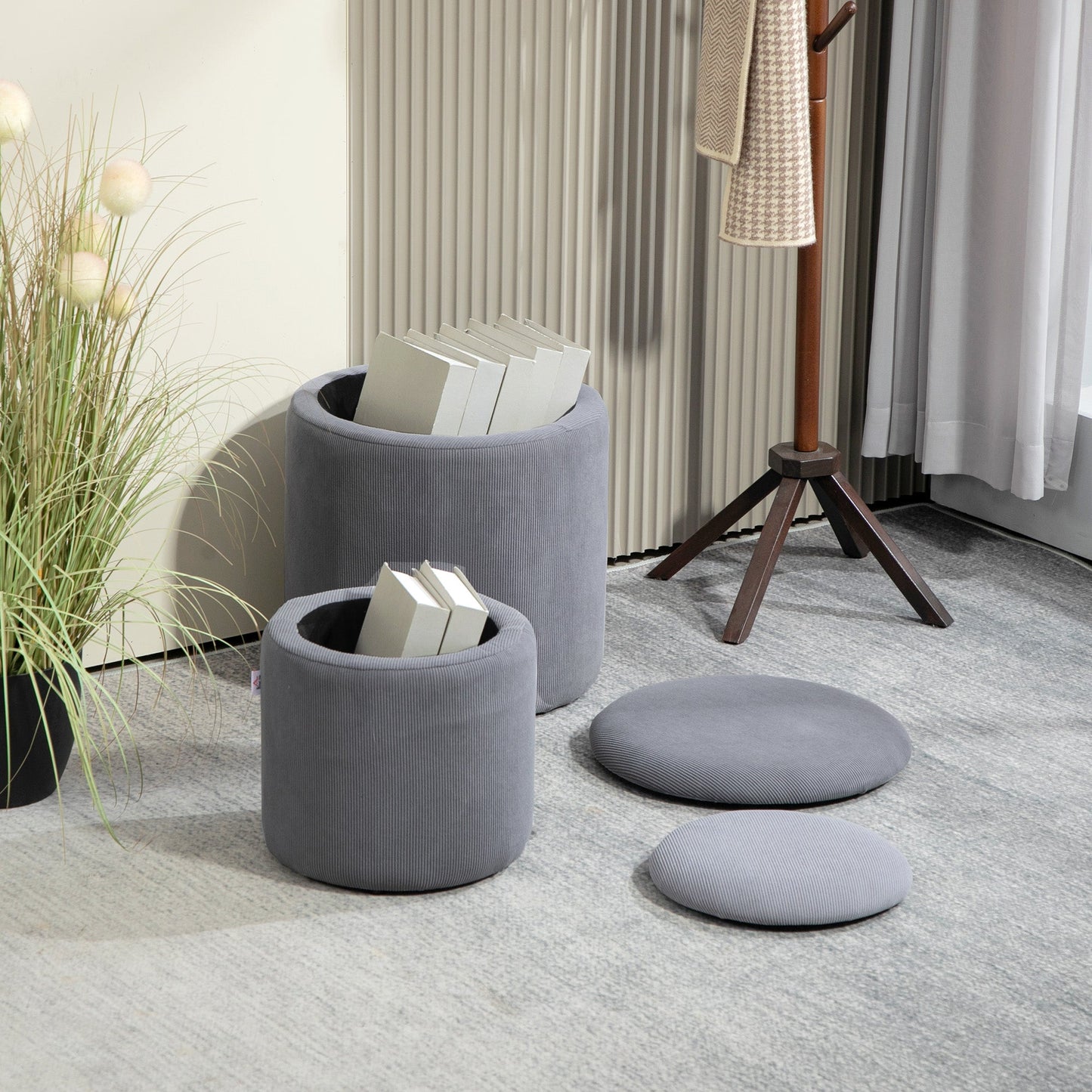 HOMCOM Modern Storage Ottoman with Removable Lid, Fabric Storage Stool, Foot Stool, Dressing Table Stool, Set of 2, Light Grey