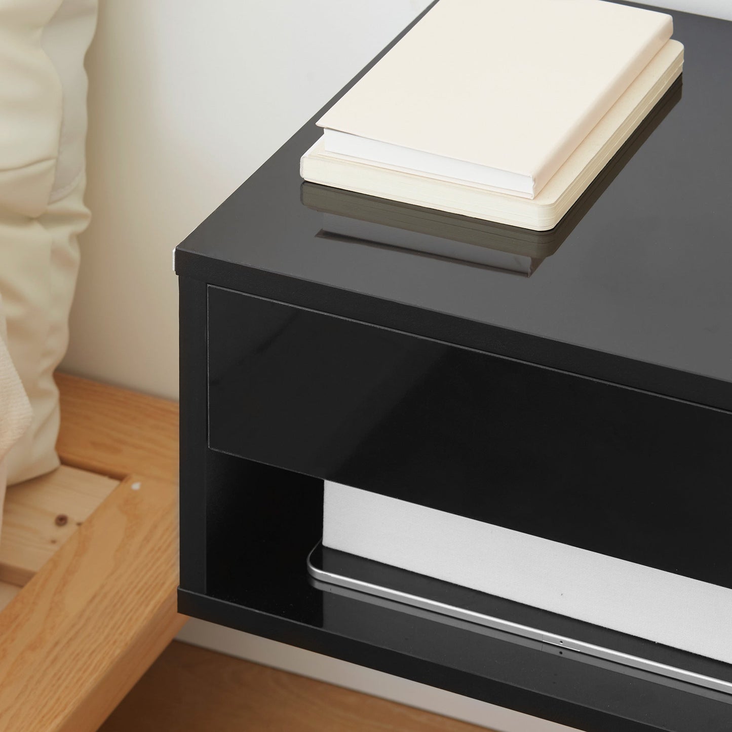 HOMCOM Floating Bedside Table Set of 2 Wall Mounted Nightstand with Storage Drawer and Open Shelf for Bedroom, High Gloss Black