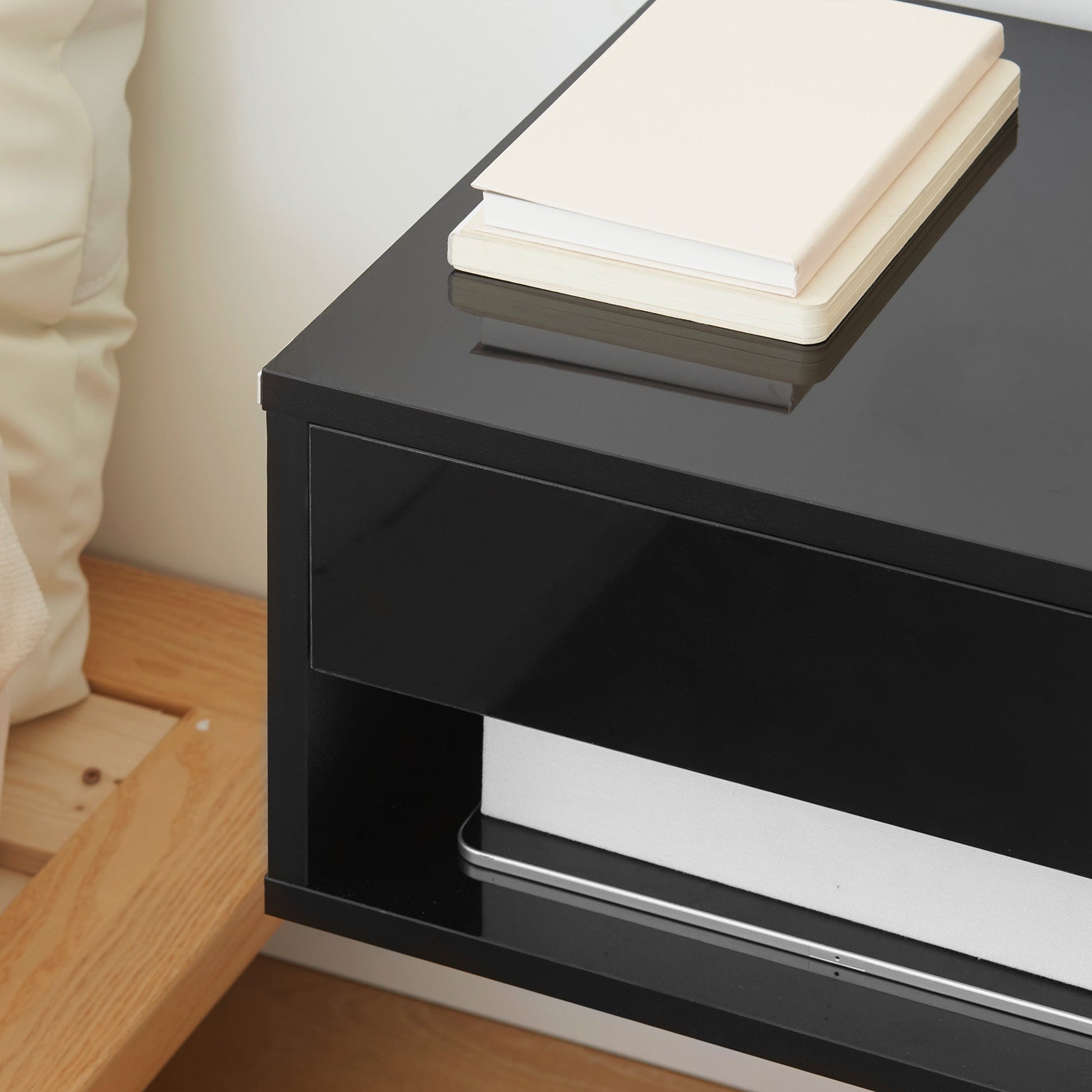 HOMCOM Floating Bedside Table Set of 2 Wall Mounted Nightstand with Storage Drawer and Open Shelf for Bedroom, High Gloss Black