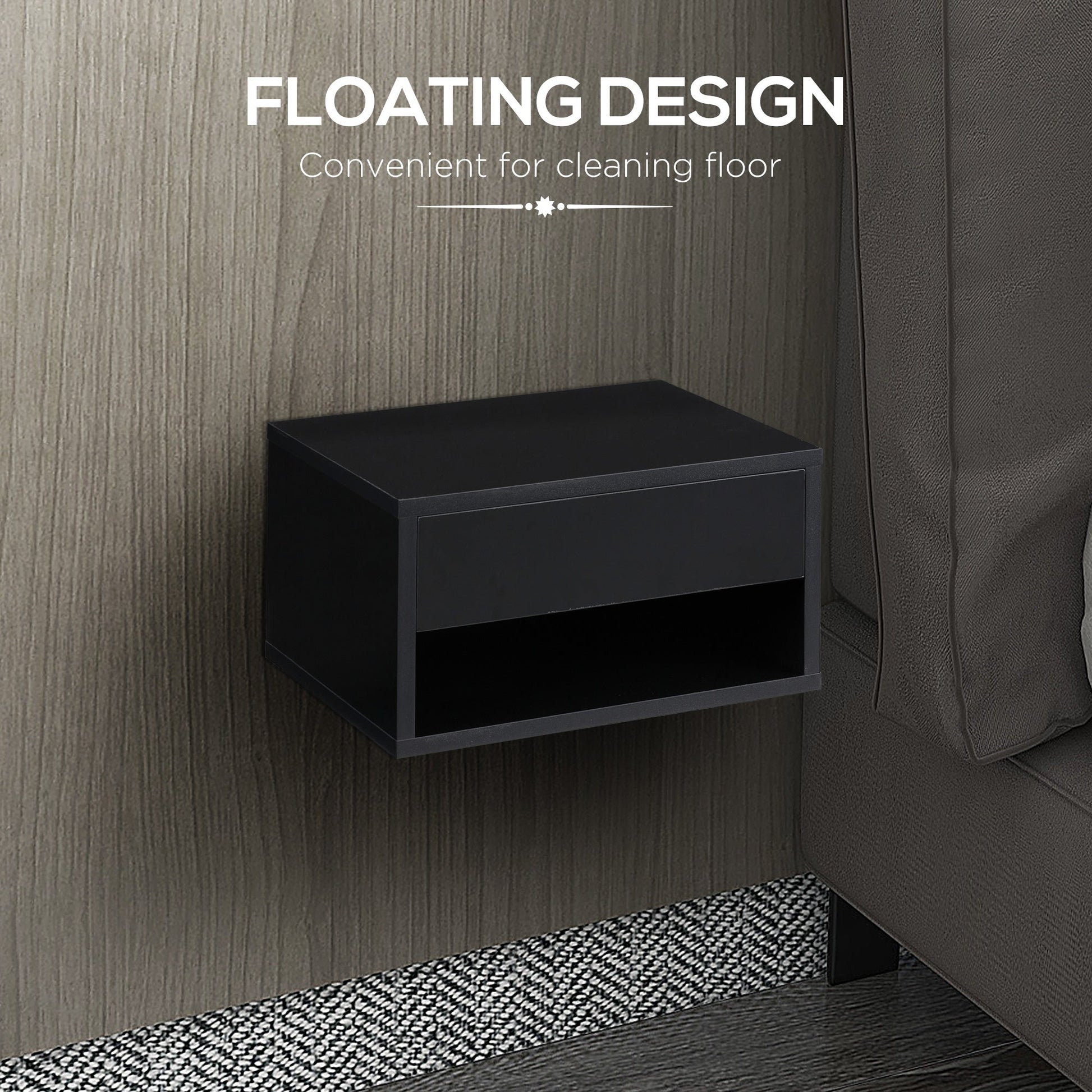 HOMCOM Floating Bedside Table Set of 2 Wall Mounted Nightstand with Storage Drawer and Open Shelf for Bedroom, High Gloss Black