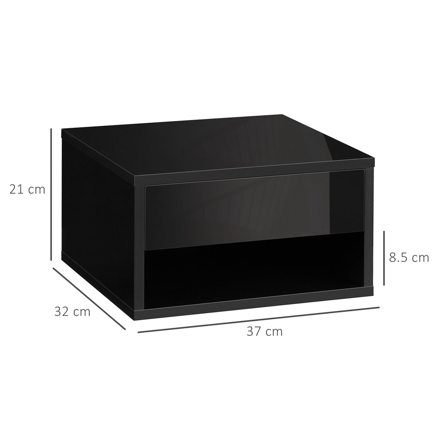 HOMCOM Floating Bedside Table Set of 2 Wall Mounted Nightstand with Storage Drawer and Open Shelf for Bedroom, High Gloss Black