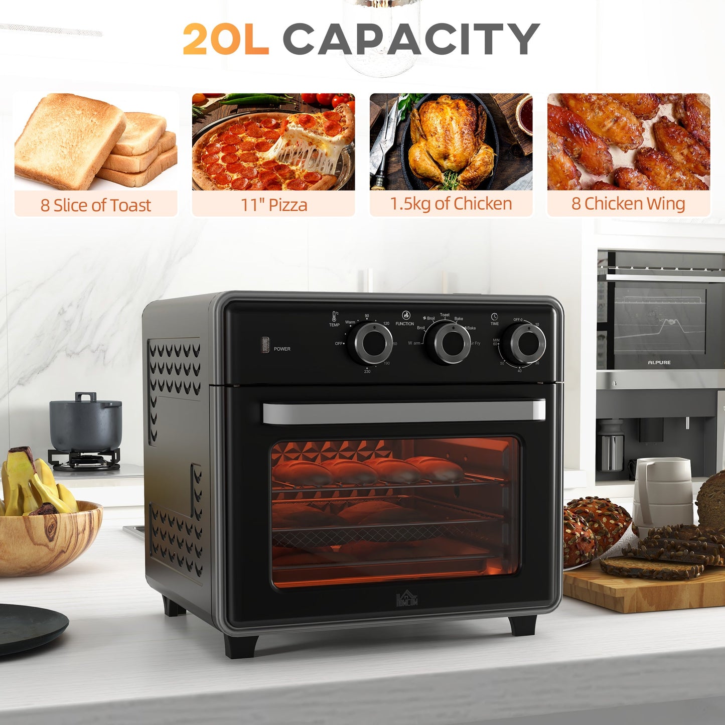 HOMCOM Mini Oven, 20L Air Fryer Oven with Timer, Countertop Convection Oven with Double Layered Glass Door and Adjustable Temp, Oil-Less Cooking, Dishwasher safe Accessory, 1400W