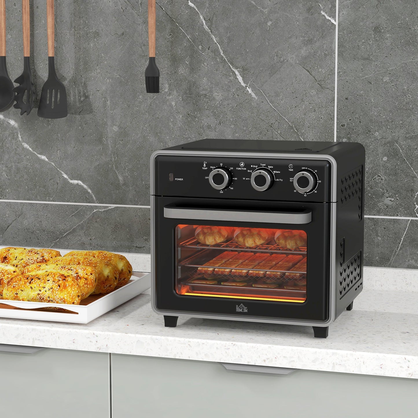 HOMCOM Mini Oven, 20L Air Fryer Oven with Timer, Countertop Convection Oven with Double Layered Glass Door and Adjustable Temp, Oil-Less Cooking, Dishwasher safe Accessory, 1400W