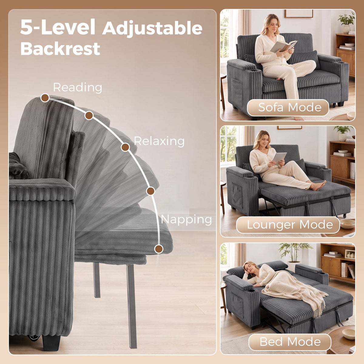 2 Seater Sofa Bed, 3-in-1 Convertible Pull Out Sleeper Sofa, Corduroy Loveseat Bed Settee with Adjustable Backrest, Storage Armrests, Cup Holders, Side Pockets for Living Room, Dark Grey