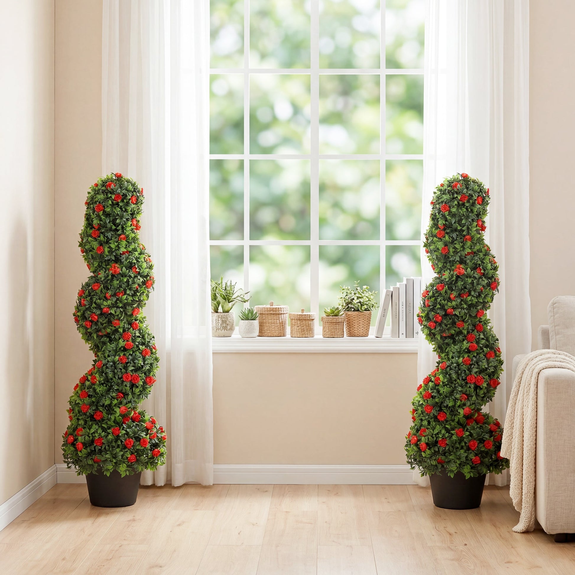 Set of 2 Artificial Rose Spiral Topiary Tree, Indoor Outdoor Artificial Plants with 630 Leaves and 133 Roses, Fake Plants for Home Office Living Room Decor, 90cm, Red