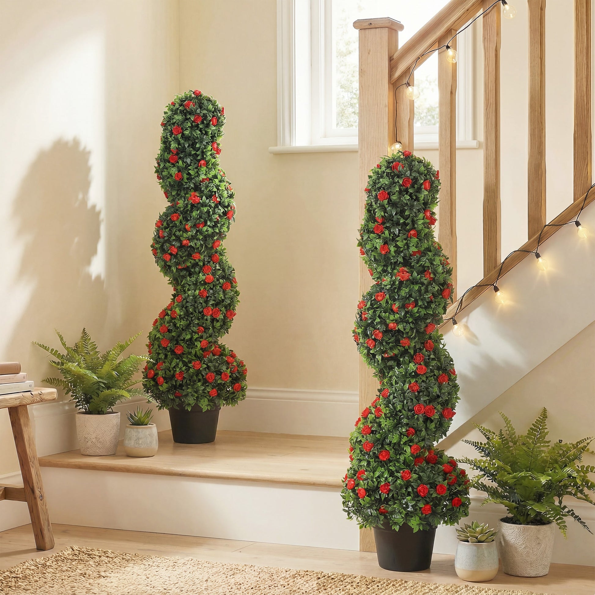 Set of 2 Artificial Rose Spiral Topiary Tree, Indoor Outdoor Artificial Plants with 630 Leaves and 133 Roses, Fake Plants for Home Office Living Room Decor, 90cm, Red
