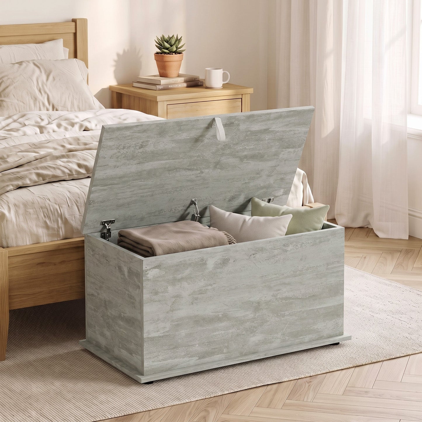 Storage Chest, Large 102L Blanket Box, Shoe Bench with Safety Hinged Lid, Storage Trunk, Bed End Bench for Bedroom, Hallway, Living room, Playroom, 80 x 40 x 45cm, Grey