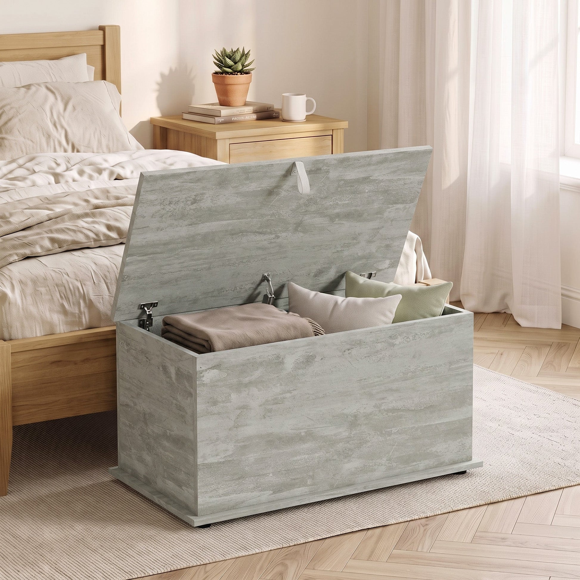 Storage Chest, Large 102L Blanket Box, Shoe Bench with Safety Hinged Lid, Storage Trunk, Bed End Bench for Bedroom, Hallway, Living room, Playroom, 80 x 40 x 45cm, Grey
