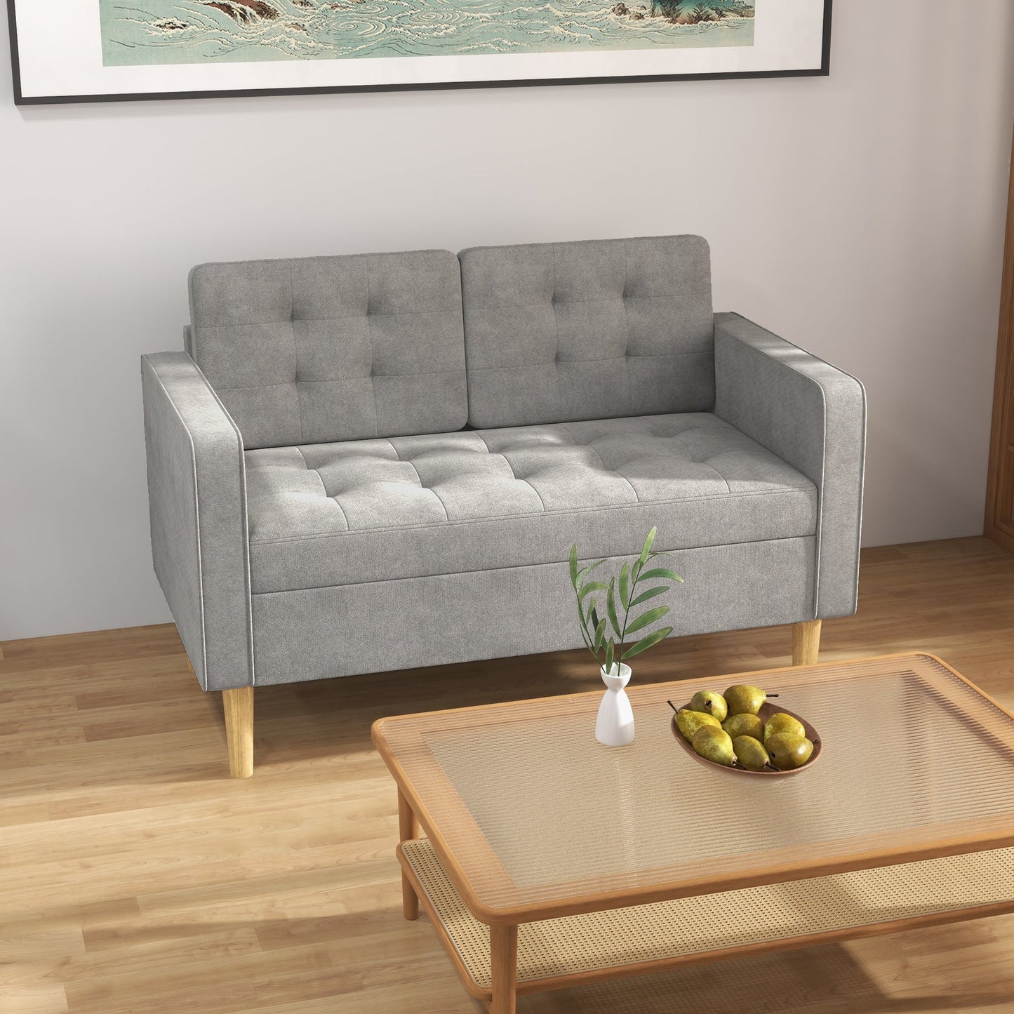 HOMCOM Modern 2 Seater Sofa with Hidden Storage, 117cm Tufted Cotton Couch with Wood Legs, Compact Loveseat for Living Room, Kitchen, Light Grey