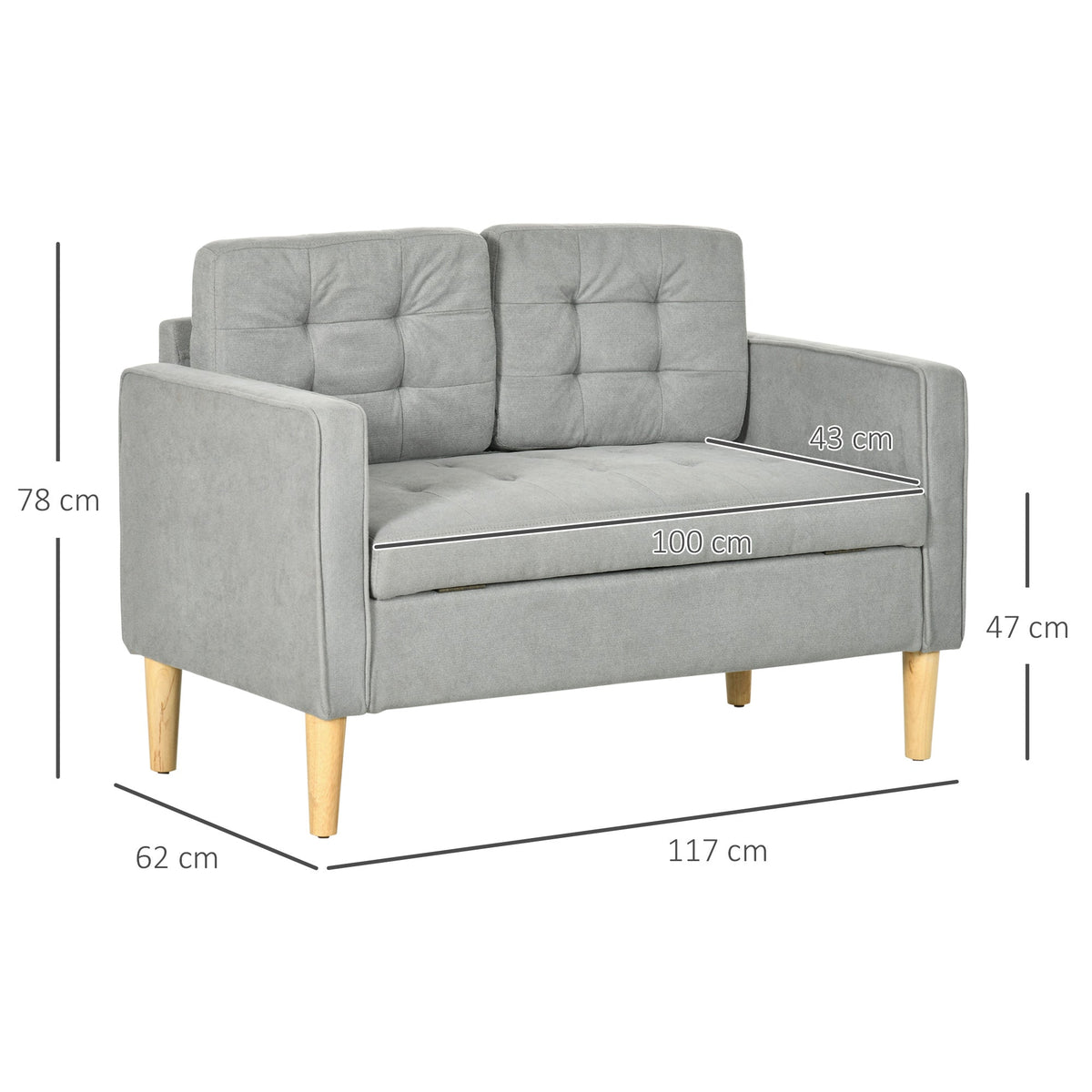 HOMCOM Modern 2 Seater Sofa with Hidden Storage, 117cm Tufted Cotton Couch with Wood Legs, Compact Loveseat for Living Room, Kitchen, Light Grey