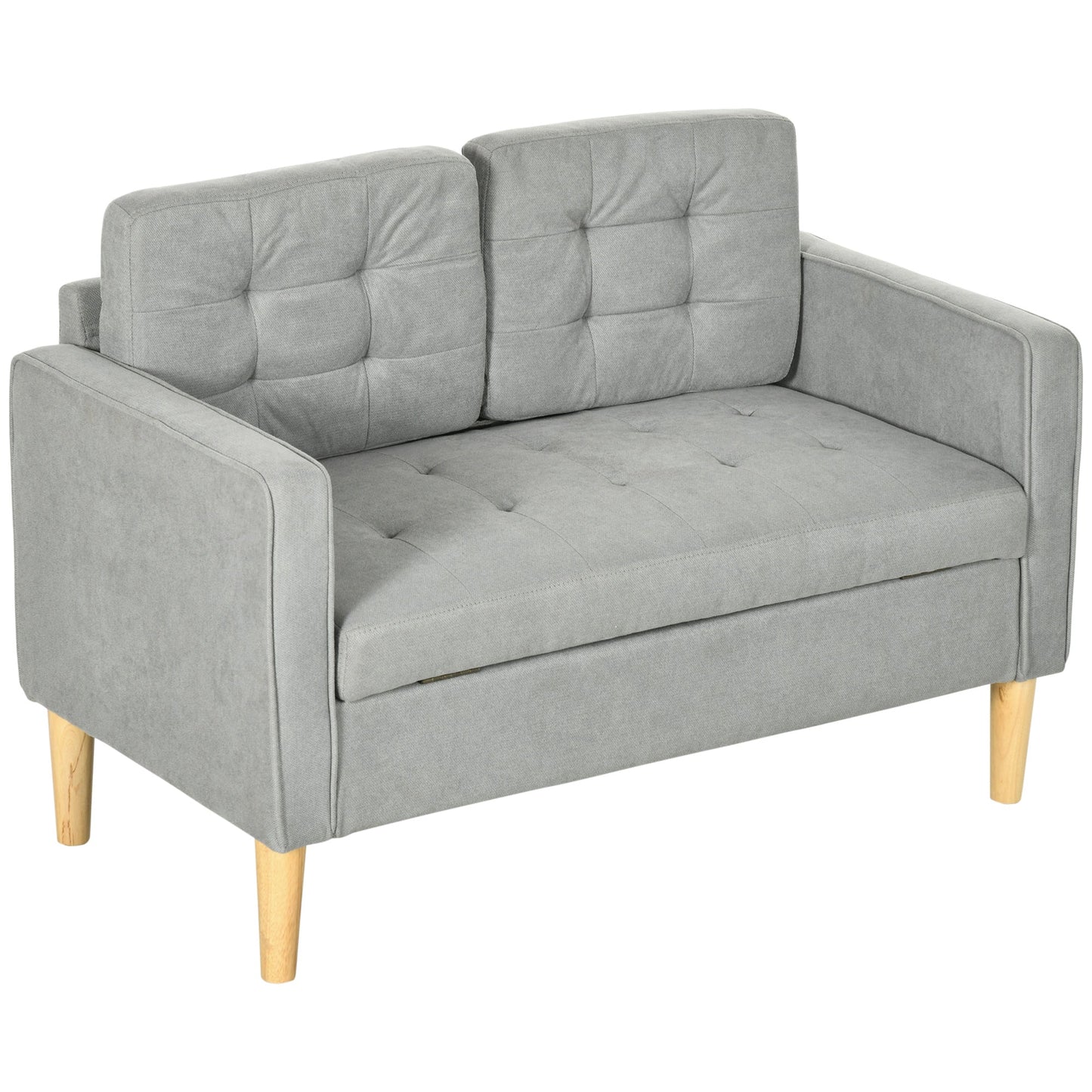 HOMCOM Modern 2 Seater Sofa with Hidden Storage, 117cm Tufted Cotton Couch with Wood Legs, Compact Loveseat for Living Room, Kitchen, Light Grey