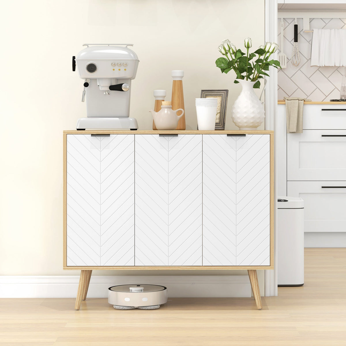 Modern Sideboard Buffet Cabinet, 91.5 cm Kitchen Storage Cabinet with 3 Doors and 2 Adjustable Shelves for Kitchen, Dining Room, Living Room, White