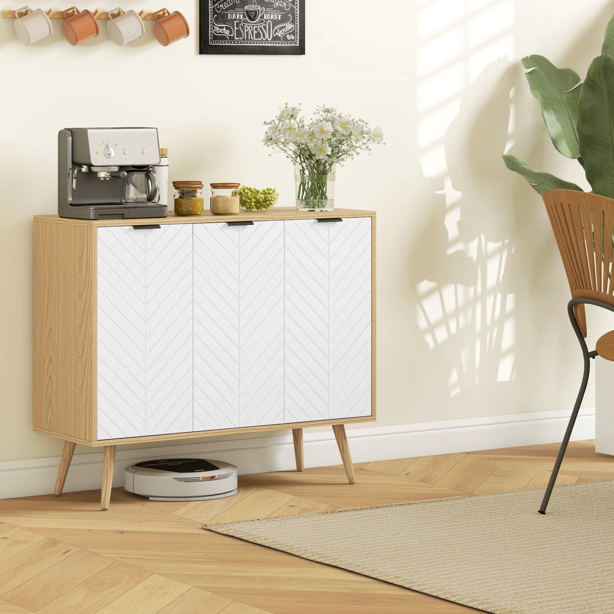 Modern Sideboard Buffet Cabinet, 91.5 cm Kitchen Storage Cabinet with 3 Doors and 2 Adjustable Shelves for Kitchen, Dining Room, Living Room, White