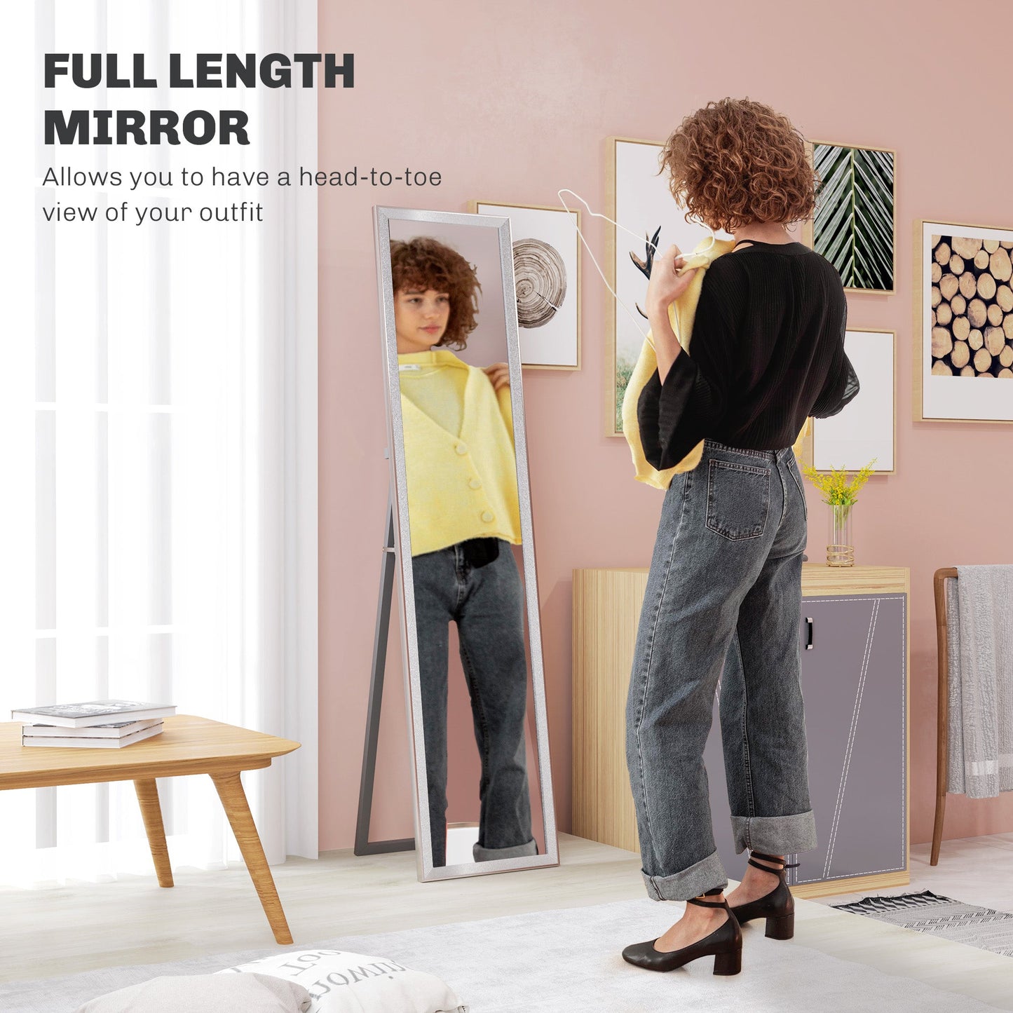 HOMCOM Full Length Mirror, 37 x 157cm Wall Mounted, Leaning, Free Standing Mirror, Framed Full Body Mirror for Living Room, Bedroom, Silver