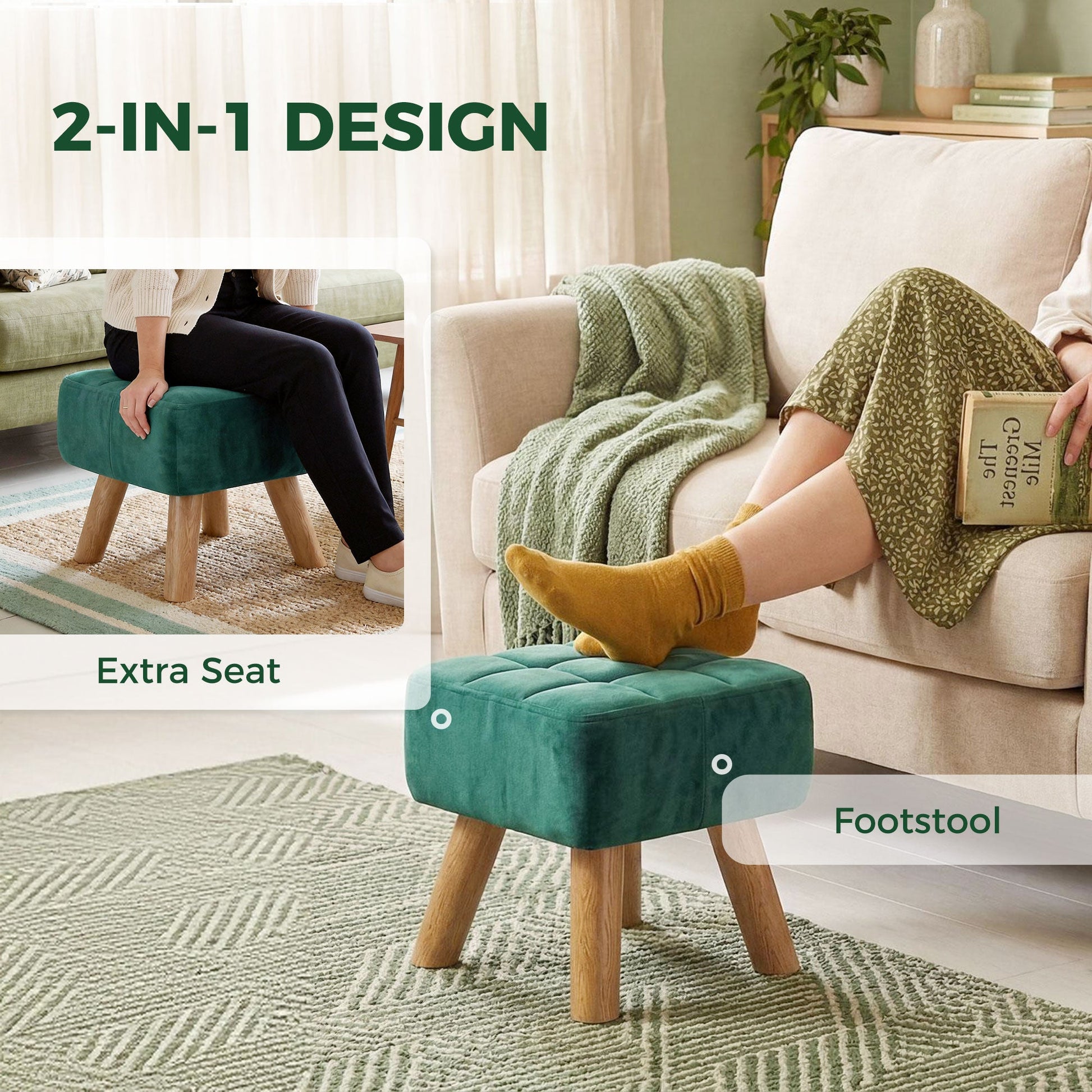 Modern Tufted Footstool, Fabric Foot Stool with Rubber Wood Legs, Padded Seat, for Living Room, Bedroom, Entryway, Dark Green