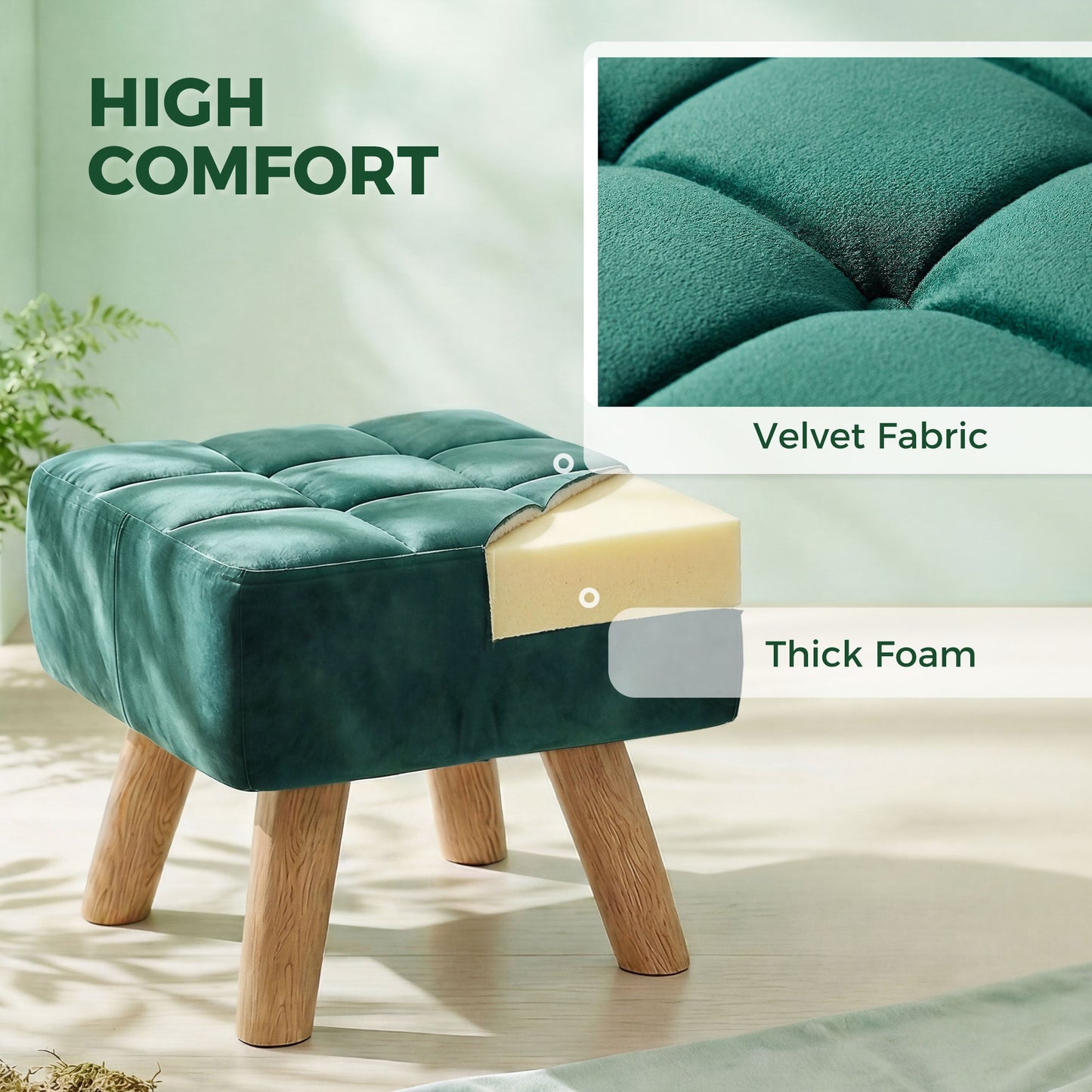 Modern Tufted Footstool, Fabric Foot Stool with Rubber Wood Legs, Padded Seat, for Living Room, Bedroom, Entryway, Dark Green