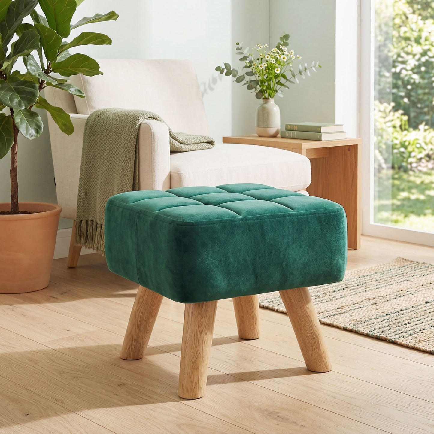 Modern Tufted Footstool, Fabric Foot Stool with Rubber Wood Legs, Padded Seat, for Living Room, Bedroom, Entryway, Dark Green