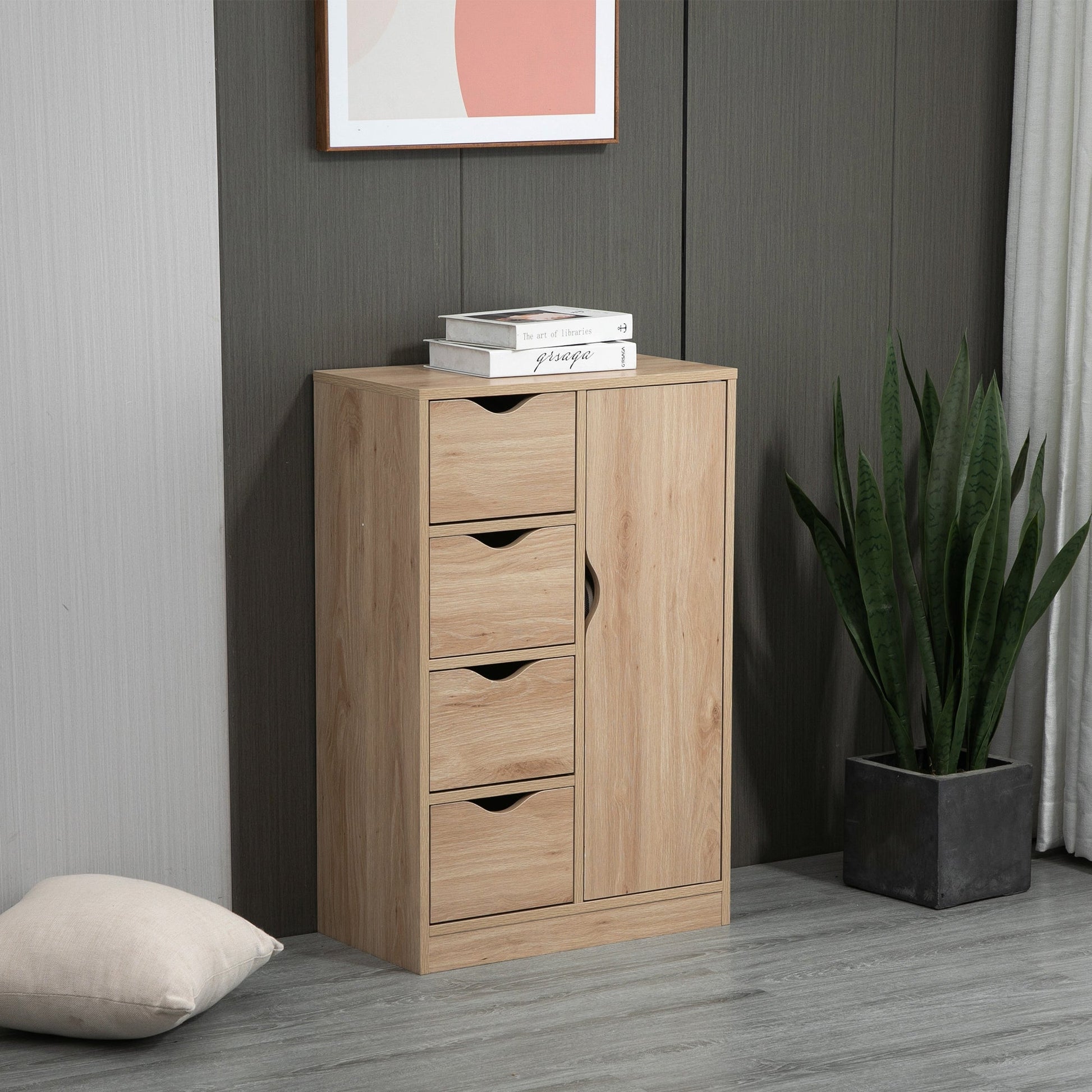HOMCOM Bathroom Floor Cabinet, Freestanding Storage Unit with 4 Drawers and Door Cupboard for Living Room, Kitchen, Bedroom, Natural