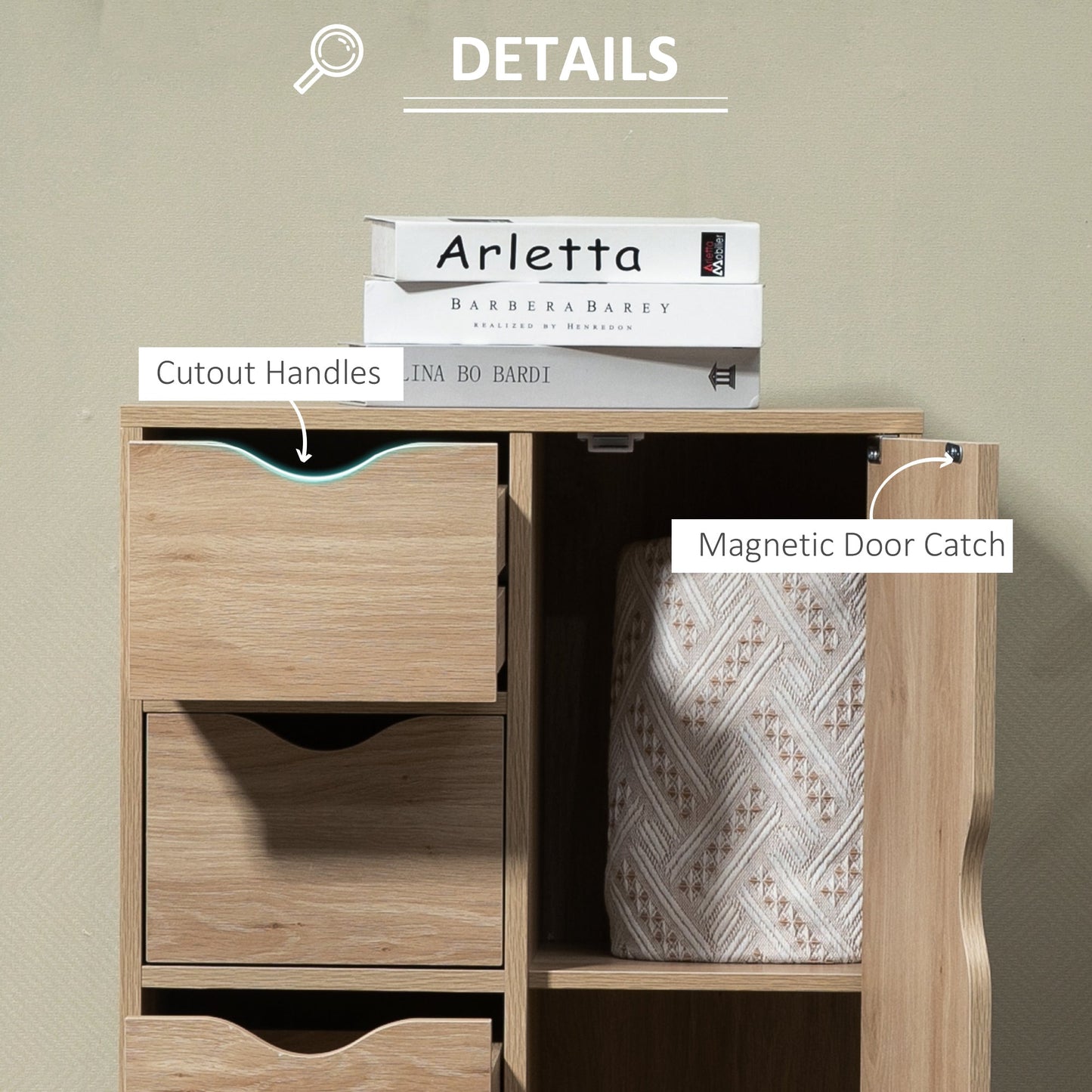HOMCOM Bathroom Floor Cabinet, Freestanding Storage Unit with 4 Drawers and Door Cupboard for Living Room, Kitchen, Bedroom, Natural